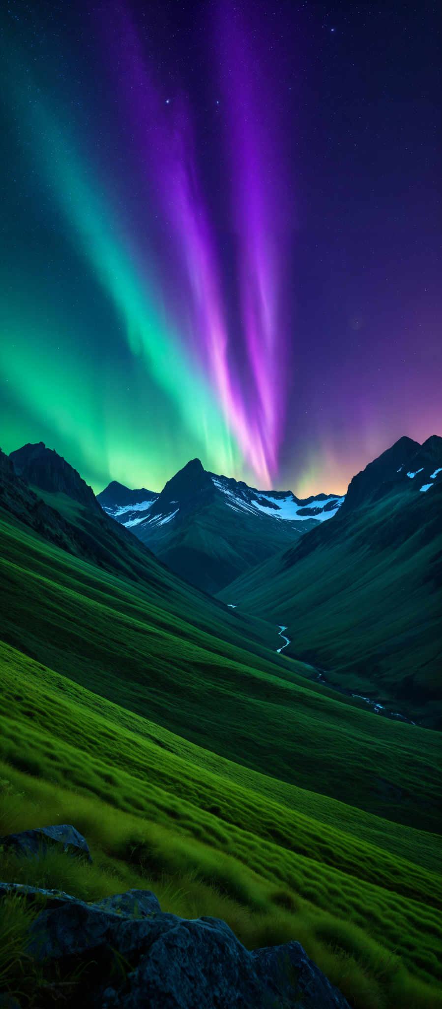 A breathtaking view of a mountain range with a river flowing through it. The mountains are covered in a blanket of snow and the sky is painted with a beautiful mix of green and purple hues. The river appearing like a silver ribbon winds its way through the landscape adding a dynamic element to the scene. The image captures the raw beauty and majesty of nature with the mountains standing tall and proud the river flowing steadily and the vibrant sky overhead.