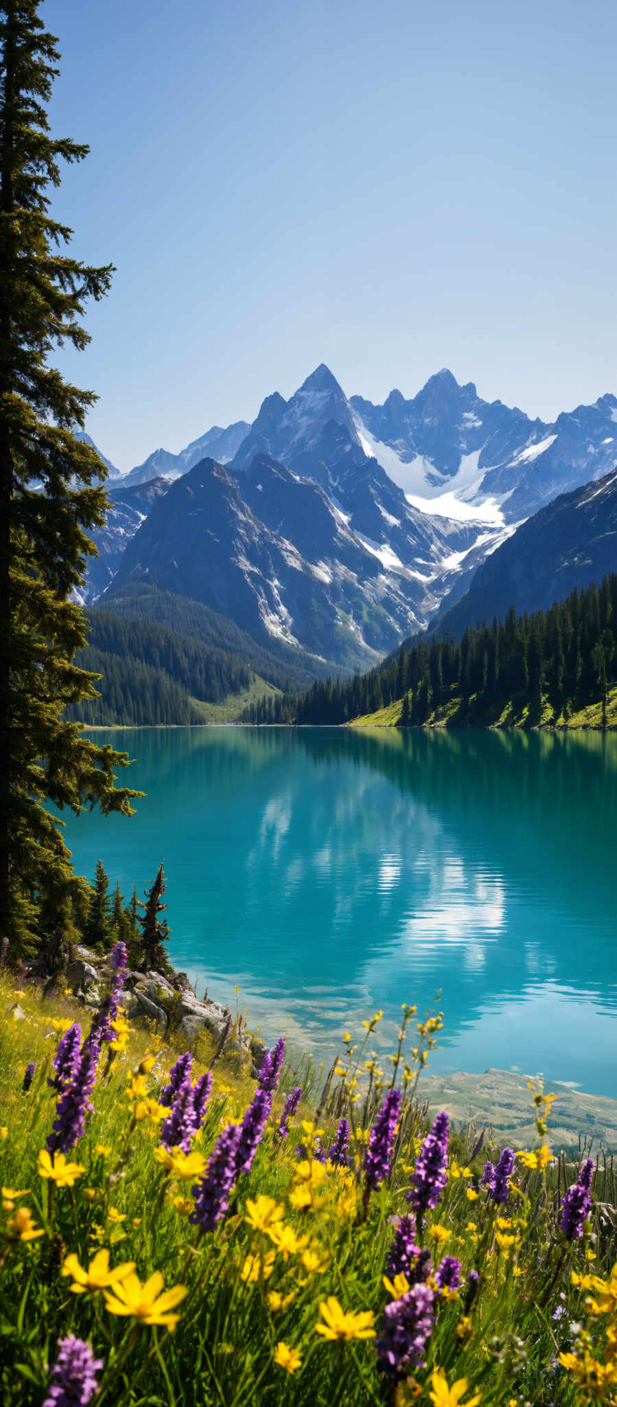 A serene mountain landscape with a deep blue lake in the foreground. The mountains are covered in snow and the sky is clear. The lake is surrounded by trees and there are purple flowers on the shore. The image is taken from a high vantage point giving a panoramic view of the scene. The colors are vibrant and the lighting is bright highlighting the natural beauty of the landscape. The overall mood of the photo is peaceful and tranquil.