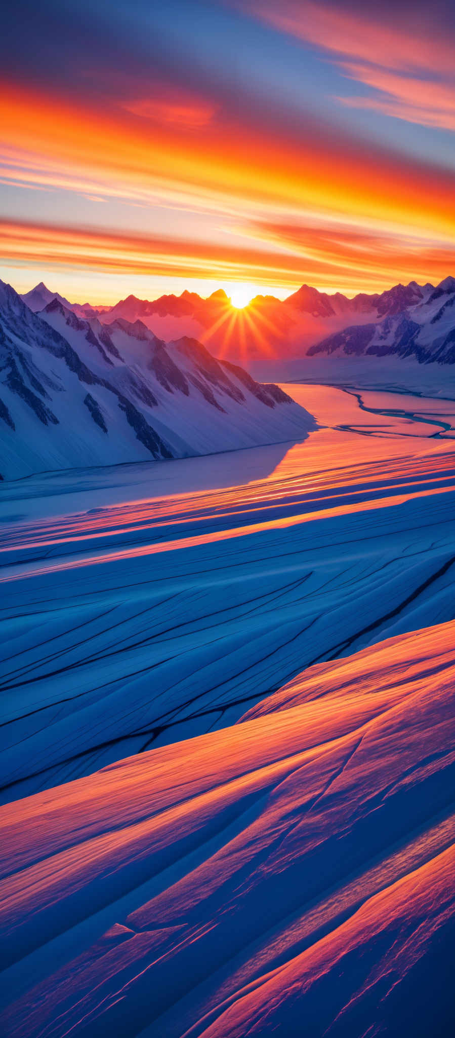 A breathtaking view of a mountain range at sunset. The sky is painted with hues of orange and pink and the sun is setting behind the mountains. The mountains themselves are covered in a blanket of snow and there are rivers flowing through them. The image is taken from a high vantage point providing a panoramic view of the scene. The colors in the image are vibrant and the lighting is dramatic highlighting the grandeur of the landscape.