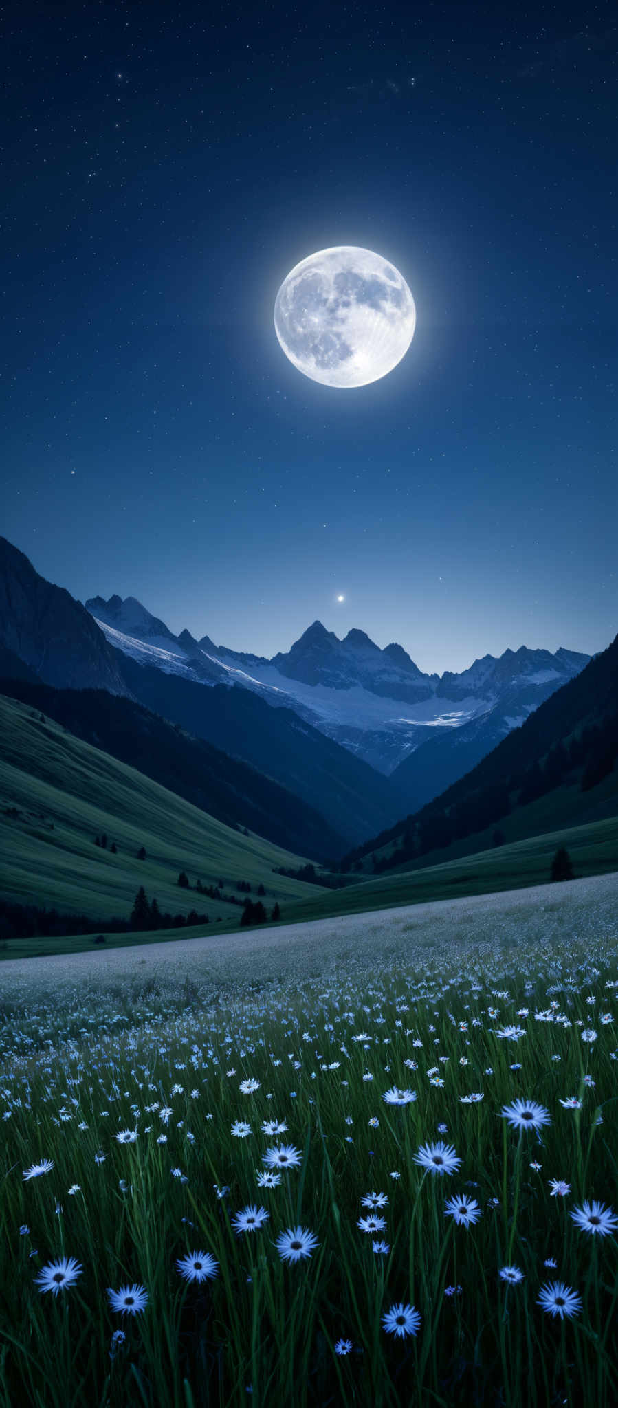 A serene mountain landscape with a full moon and stars in the sky.