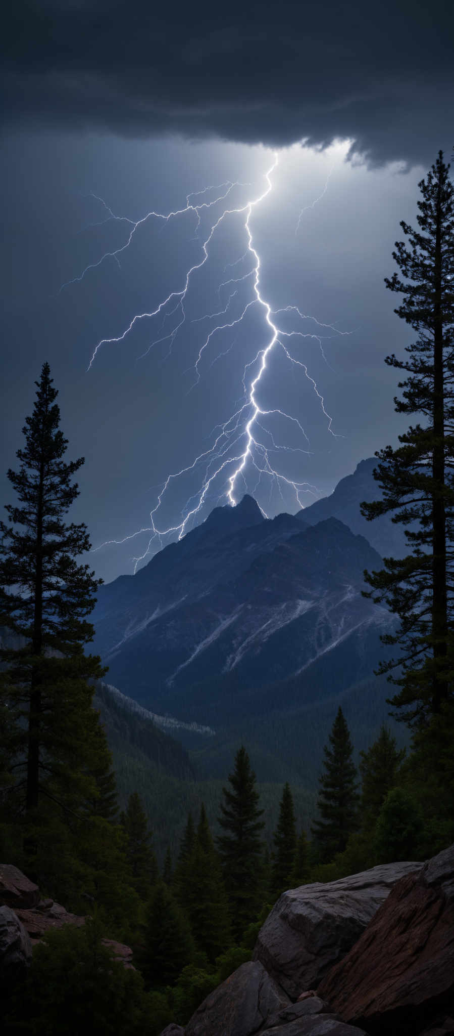 A mountain range with a bright lightning bolt in the sky above it.