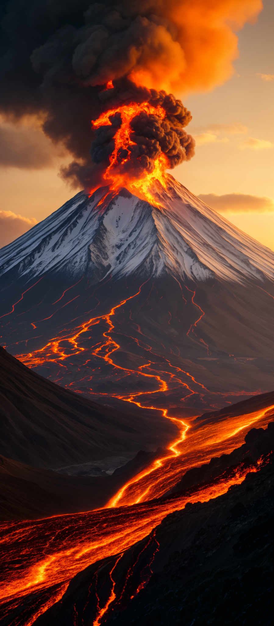 A mountain with a large orange fire on it.