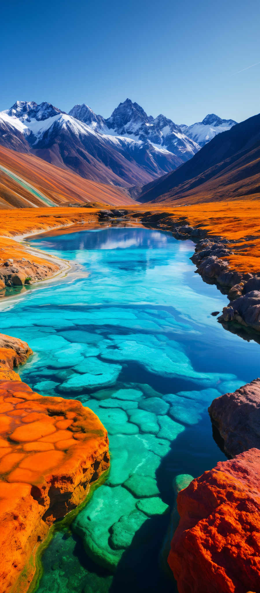 A beautiful blue lake surrounded by mountains and rocks.