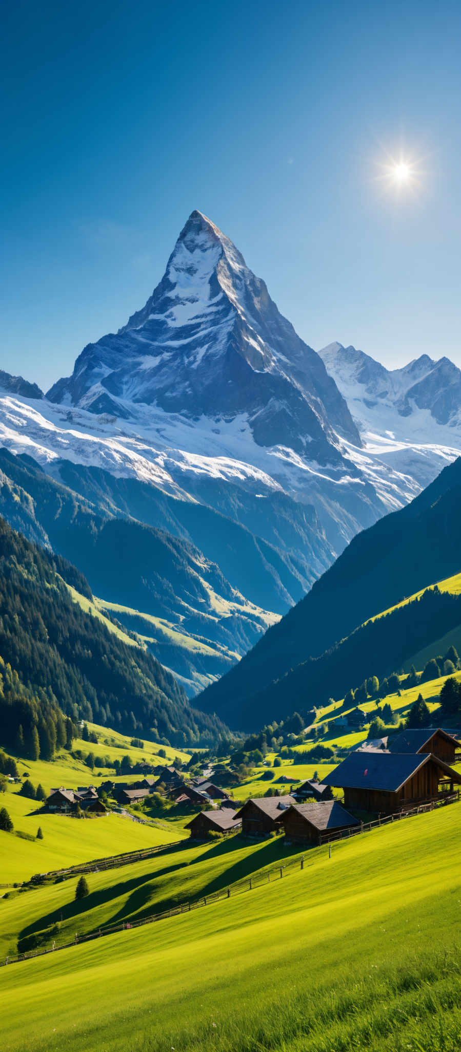 A breathtaking view of a mountain range with a clear blue sky above. The mountains are covered in a blanket of snow and the peaks are jagged indicating a rocky terrain. The sky is clear and blue suggesting a calm and serene day. The image is taken from a high vantage point providing a panoramic view of the landscape below. The foreground is dominated by a lush green valley dotted with trees and houses adding a touch of life to the otherwise stark and cold mountain range. The perspective of the photo is from above looking down on the valley giving a sense of scale and grandeur to the scene. The colors in the photo are vibrant with the blue of the sky contrasting beautifully with the green of the valley and the white of the snow-covered mountains. The photo captures the majesty and beauty of nature in its raw form.