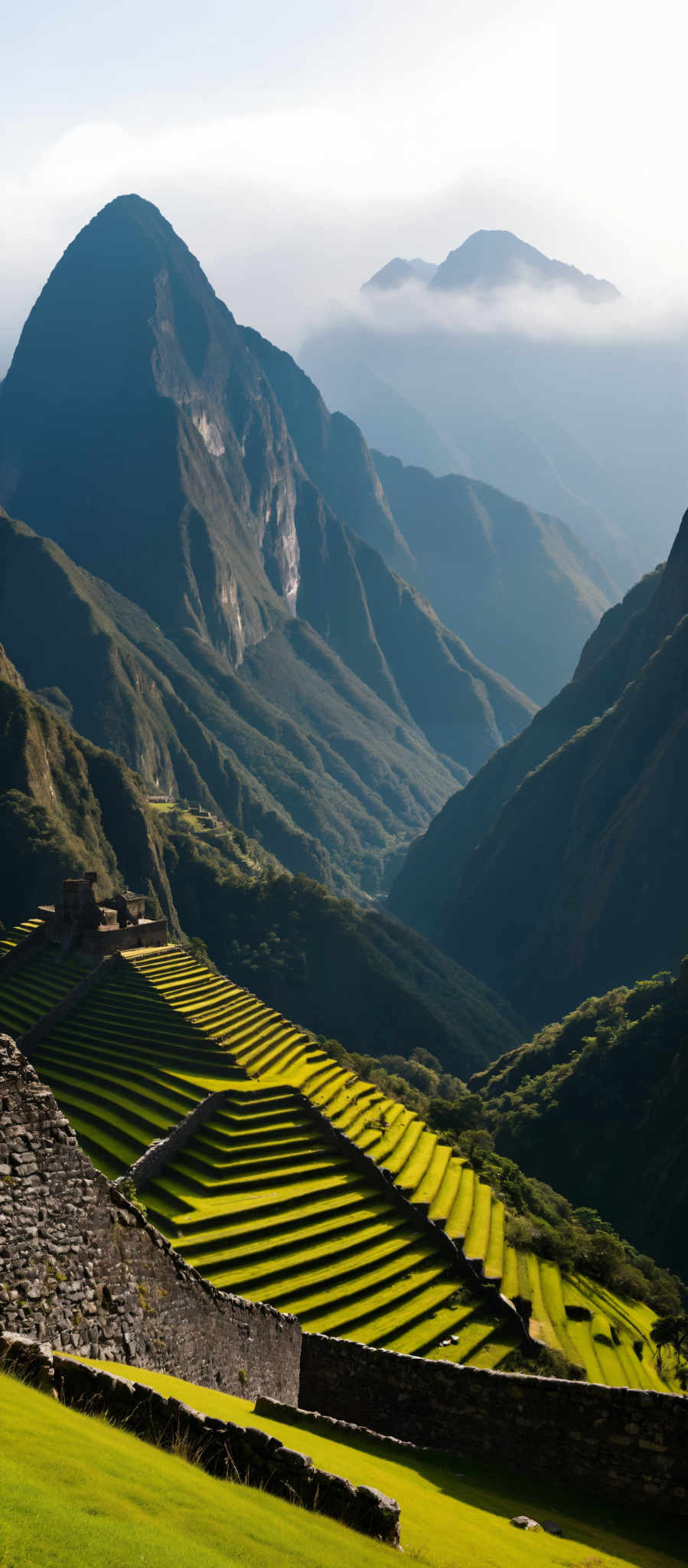 A breathtaking view of a mountainous landscape with a temple perched on top. The temple with its green roof stands out against the backdrop of the mountains. The mountains themselves are a mix of green and brown indicating a rich ecosystem. The sky above is a clear blue adding to the serene atmosphere. The perspective of the photo is from a high angle looking down on the temple and the mountains giving a sense of scale and grandeur to the scene. The image captures the beauty and majesty of nature as well as the architectural marvel of the temple.