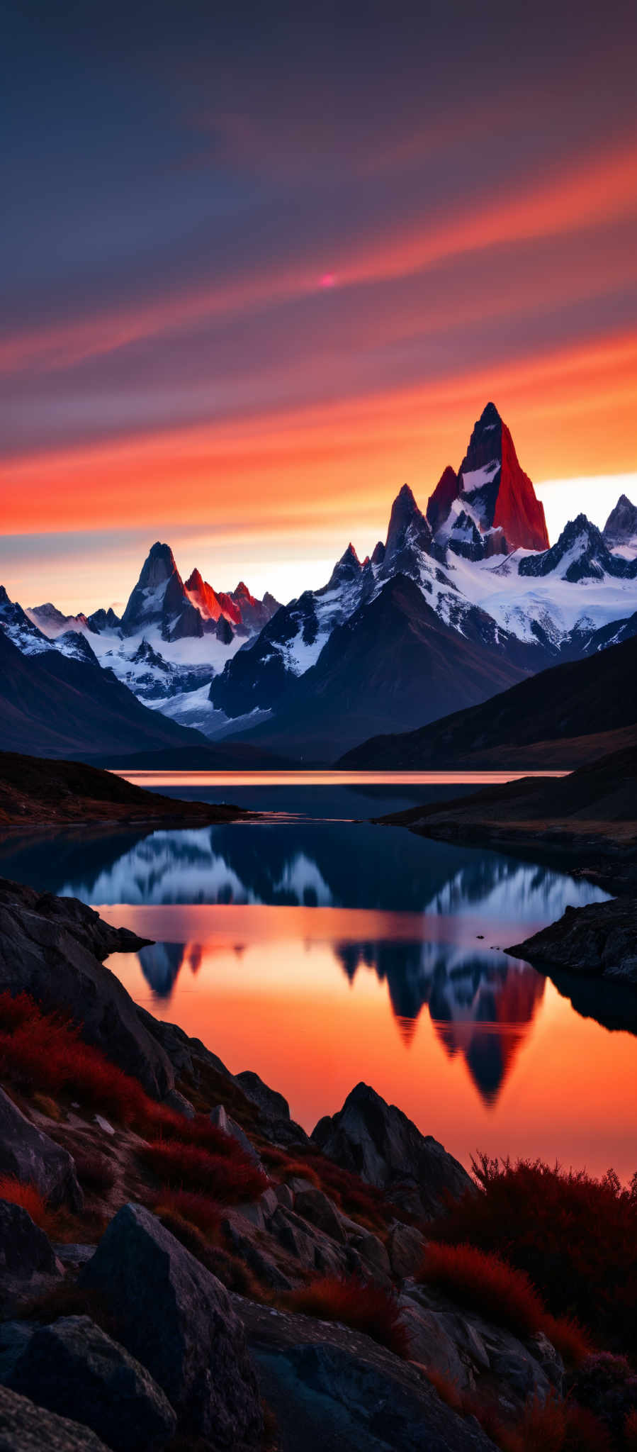 A serene mountain landscape with a lake in the foreground. The mountains are covered in snow and the sky is painted with hues of orange and red. The lake is calm and still reflecting the breathtaking scenery around it. The image captures the beauty of nature in its raw form with the mountains standing tall and majestic. The colors in the image are vibrant and add to the overall appeal of the scene. The perspective of the photo is from a distance allowing for a comprehensive view of the landscape. The landmark identifier "sa_1625" does not provide additional information about the location of this scene.