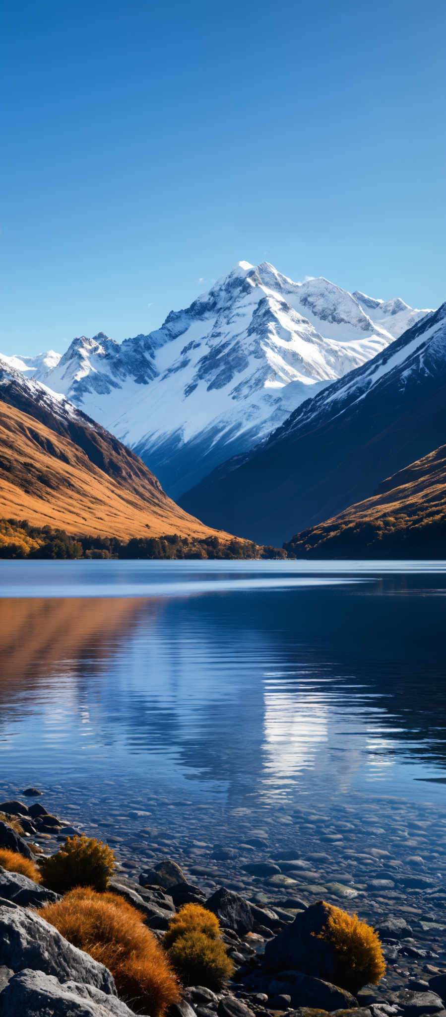 A serene mountain landscape with a deep blue lake in the foreground. The mountains are covered in snow and the sky is clear and blue. The lake is calm and still reflecting the surrounding scenery. The image is taken from a low angle giving a sense of grandeur to the mountains. The colors in the image are vibrant with the blue of the lake and sky contrasting with the green of the mountains and the white of the snow. The perspective of the photo gives a sense that the viewer is standing at the edge of the water looking up at the mountains.

The image is a beautiful representation of nature's tranquility and majesty. The clear blue sky and the calm blue lake create a peaceful atmosphere while the snow-covered mountains add a sense adventure and exploration. The low angle shot emphasizes the grandeur of the landscape making the viewer feel as if they are standing at its base looking upwards. The vibrant colors of the scene - the blue sky the green mountains and the snow - add to the overall beauty of the picture. The photo captures the essence of nature in its purest form inviting the viewer to appreciate its beauty and wonder.