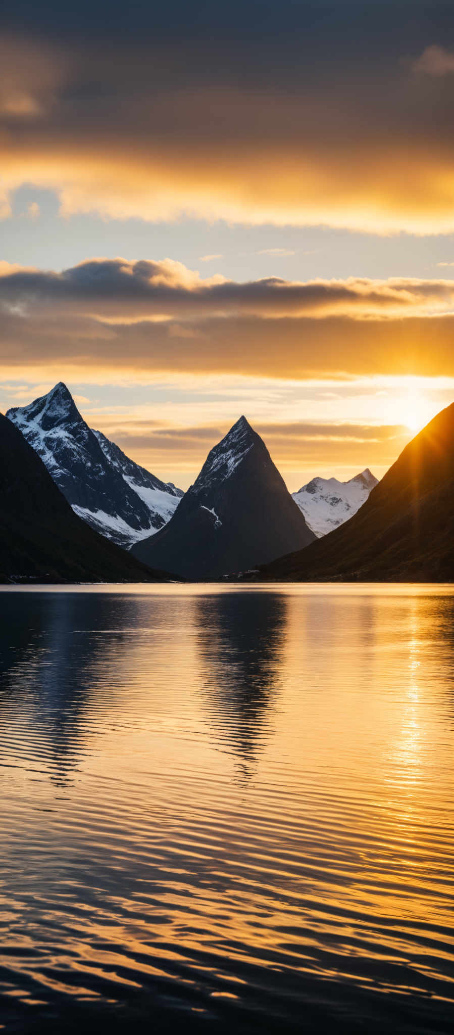 A serene scene of a mountain range with a lake in the foreground. The mountains are covered in snow and the sky is painted with hues of orange and yellow. The sun is setting behind the mountains casting a warm glow on the scene. The lake calm and still mirrors the breathtaking view of the mountains and the sunset. The image captures the beauty of nature in its raw form untouched and unspoiled.