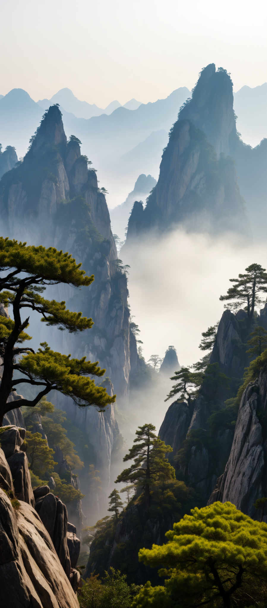 The image captures a breathtaking view of a mountainous landscape. The mountains towering and majestic are blanketed in a lush layer of green trees. The sky above is a clear blue with a few clouds scattered across it adding to the serene atmosphere. The perspective of the photo is from a lower angle looking up at the mountains giving a sense of their grandeur and scale. The colors in the photo are vibrant with the green of the trees contrasting beautifully with the blue of the sky. The image does not contain any text or man-made objects making it a pure representation of nature's beauty.