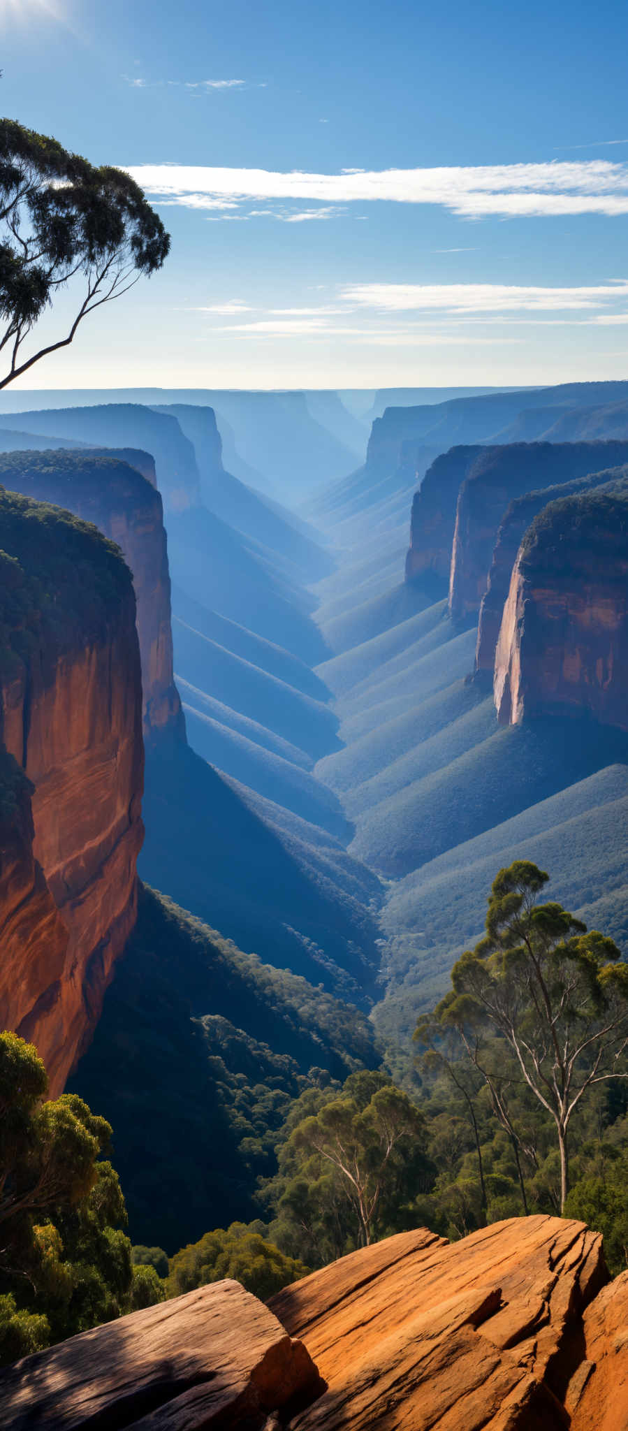 A breathtaking view of a canyon with a river flowing through it. The canyon is filled with trees and shrubs creating a beautiful green landscape. The river a deep blue winds its way through the canyon adding a sense of tranquility to the scene. The sky above is a light blue with a few clouds scattered across it adding depth to the image.

The canyon walls are a striking orange color with patches of green vegetation clinging to them creating an interesting contrast. The trees and bushes in the canyon are a mix of green and brown colors with some areas of the canyon appearing more densely populated with vegetation than others.

The river is a deep deep blue color and it appears to be flowing quickly carving its way down the canyon. The water is clear allowing for a good view of the river bed.

The sky above the canyon is a soft light blue color. There are a few wispy clouds scattered in the sky adding to the overall beauty of the scene.

Overall this image captures the stunning beauty of a natural landscape with its deep blue river orange canyon walls and lush green vegetation. It's a truly breathtaking view that showcases the wonders of nature.