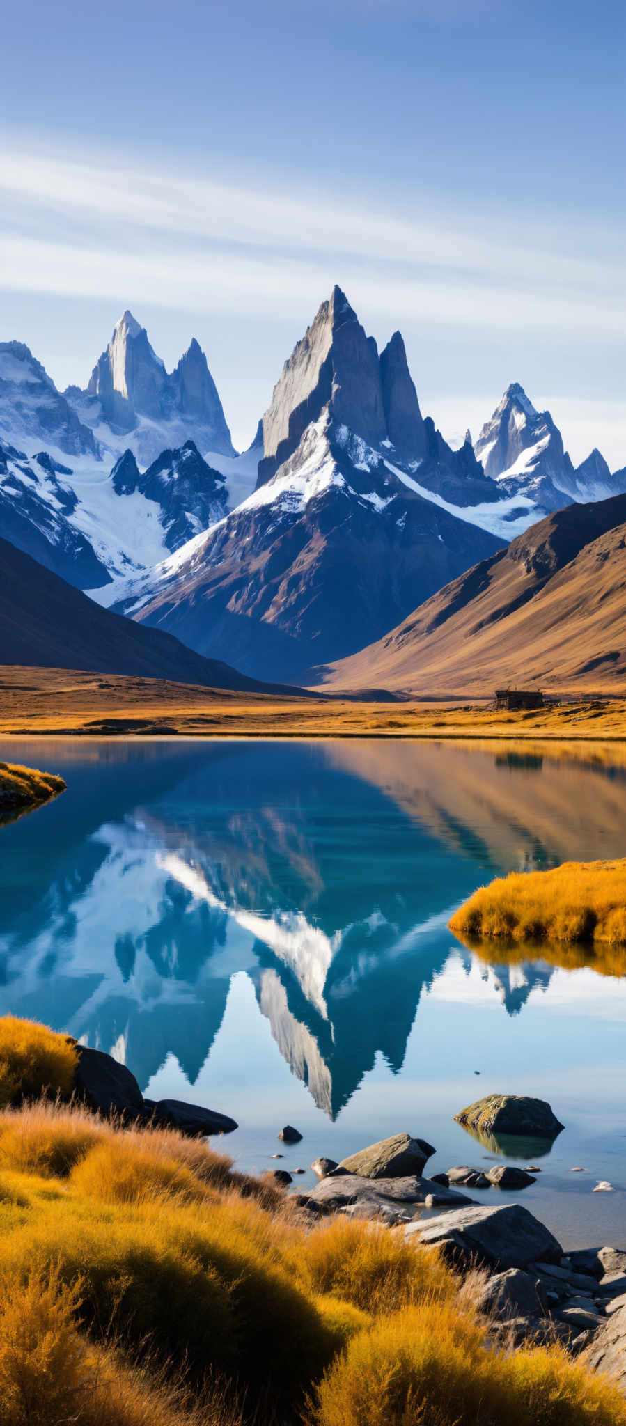 A serene mountain landscape with a clear blue sky. The mountains are covered in snow and the peaks are jagged. The sky is clear and blue. In the foreground there is a lake with a blue surface. The lake is surrounded by yellow grass. The image is taken from a low angle looking up at the mountains. The colors in the image are vibrant and the lighting is bright. The overall scene is peaceful and beautiful.