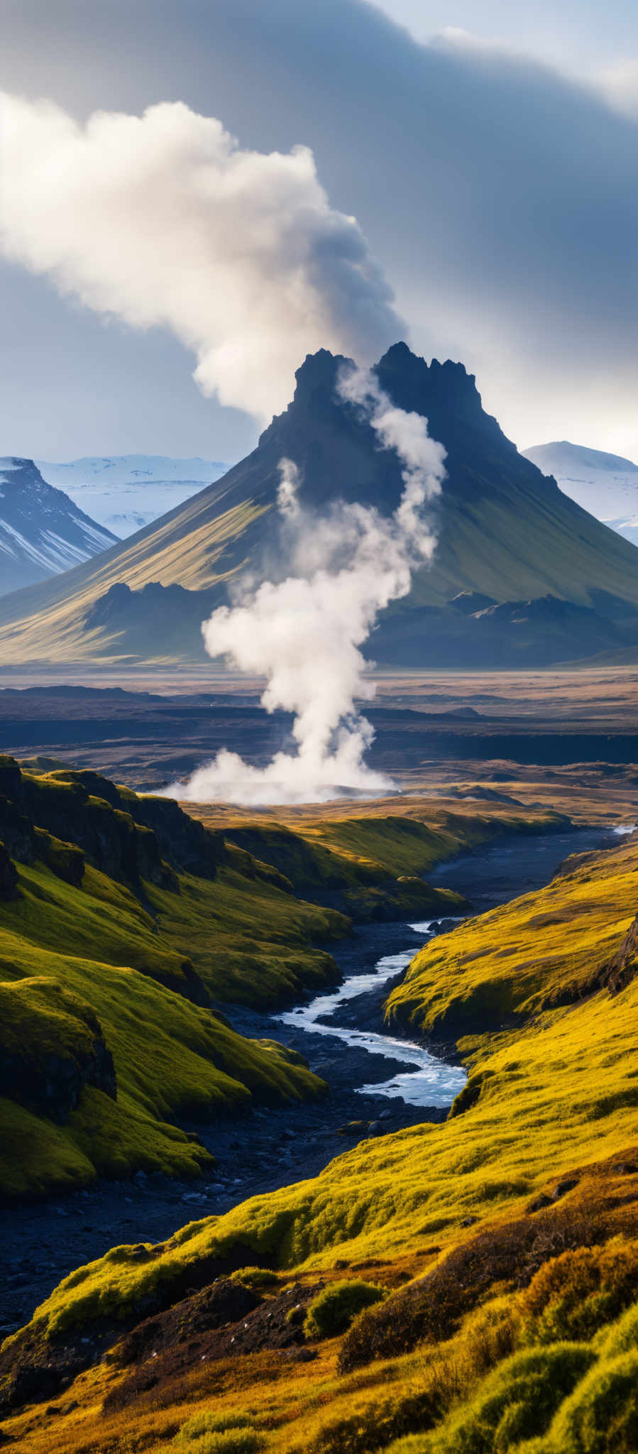 A mountainous landscape with a river flowing through it and a large plume of smoke rising from the ground.