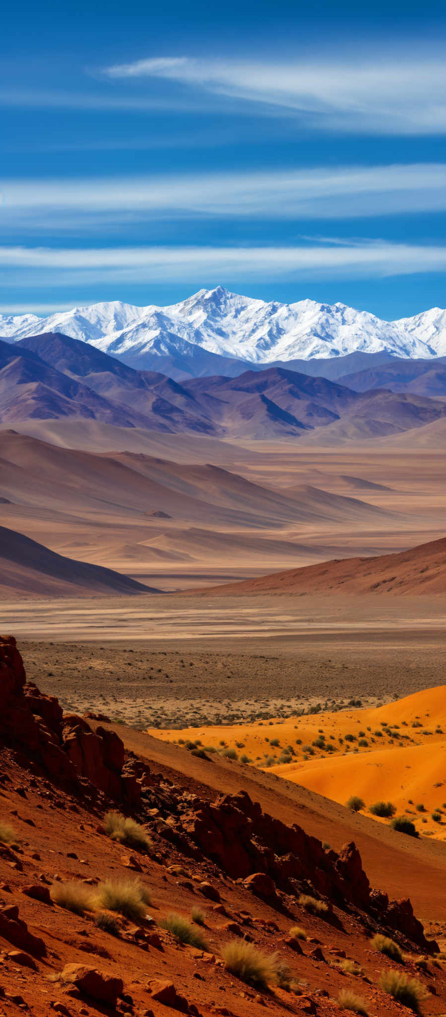 A vast desert landscape with mountains in the background.