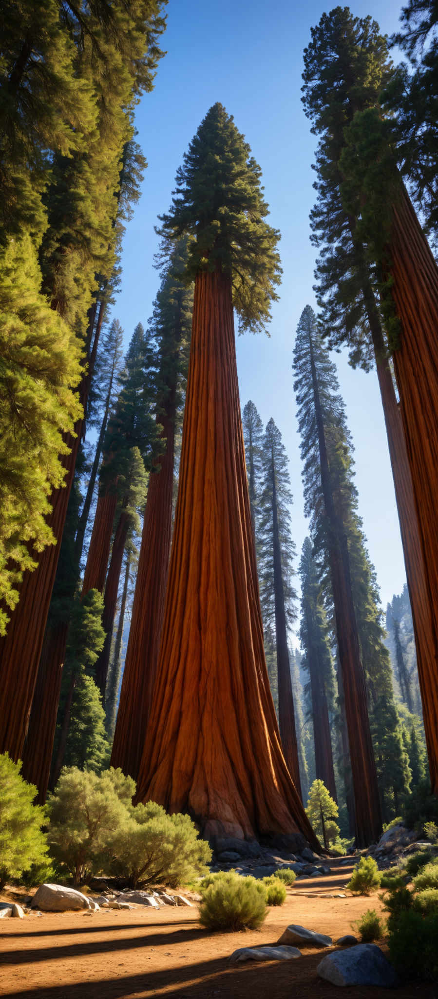 The image captures a serene scene in a forest. The forest is filled with tall trees their trunks a vibrant red and their leaves a lush green. The trees are arranged in a grid-like pattern creating a sense of order amidst the natural chaos. The sky visible through the gaps in the foliage is a clear blue adding a calming backdrop to the scene. The image is taken from a low angle looking up at the towering trees emphasizing their height and grandeur. The perspective also gives a sense depth and scale to the image making the viewer feel as if they are standing in the forest themselves. The colors objects and perspective all come together to create a beautiful and tranquil forest scene.