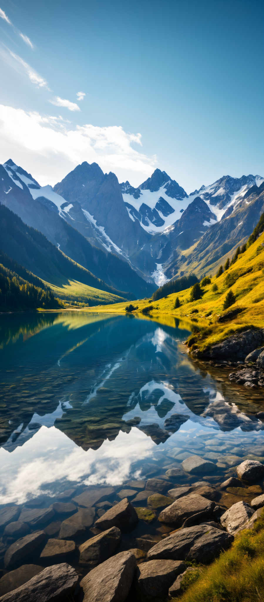 A serene mountain landscape with a lake in the foreground. The mountains are covered in snow and the sky is clear. The lake is surrounded by greenery and there are trees on the mountains. The colors in the image are predominantly blue green and white. The image does not contain any text or human figures. The relative positions of the objects suggest a peaceful untouched natural environment. The mountain range in the background the lake in front and the trees on either side create a sense of depth and vastness. The clear sky adds to the tranquility of the scene. The snow on the mountain tops contrasts with the greenery around the lake adding variety to the colors in this beautiful landscape.