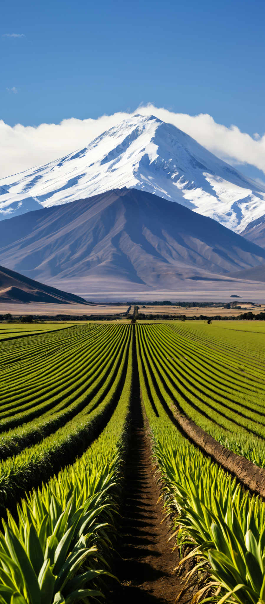 The image captures a breathtaking view of a mountainous landscape. The mountain majestic and towering is blanketed in a layer of pristine white snow. Its peak pierces the clear blue sky creating a striking contrast against the azure backdrop.

In the foreground a verdant valley unfolds. It's a patchwork of green fields their uniformity broken by rows of crops that add a sense of order to the natural chaos. The fields bathed in sunlight stretch out towards the mountain their vibrant green hues a testament to the richness of the soil.

The image is taken from a high vantage point offering a panoramic view of the valley and the mountain. The perspective allows for a comprehensive appreciation of the landscape from the individual crops in the valley to the grandeur of the mountain in the distance.

The colors in the image are predominantly green and blue reflecting the natural elements of the scene. The green of the fields and crops is a soothing sight while the blue of the sky adds a sense depth and vastness to the image.

Overall the image is a beautiful representation of nature's grandeur capturing the harmony between the earth and the sky the valley with its fields and the towering mountain. It a perfect blend