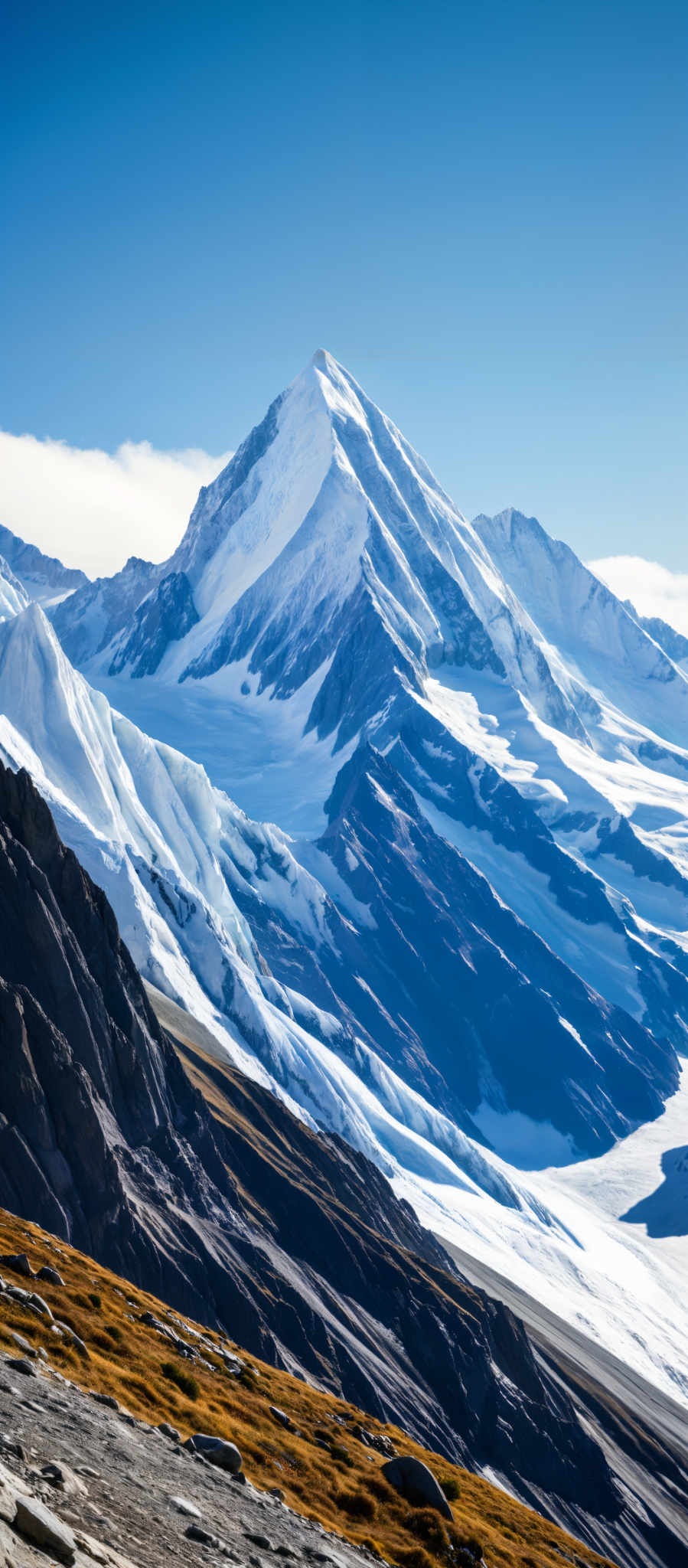 A majestic mountain range with snow-capped peaks under a clear blue sky.