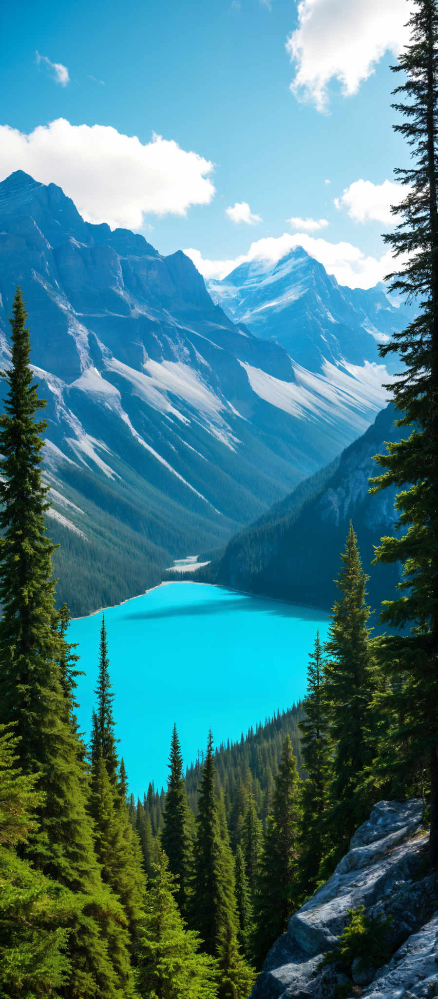 A serene mountainous landscape with a turquoise lake at its heart. The mountains covered in snow rise majestically on either side of the lake their peaks reaching towards the clear blue sky. The lake a vibrant turquoise is nestled in the valley between the mountains its surface calm and undisturbed. 

Scattered throughout the scene are trees their green foliage contrasting with the blue of the mountains and the sky. They stand tall and proud their branches reaching out as if to touch the sky above. 

The image is captured from a high vantage point providing a panoramic view of the landscape. The perspective allows for a clear view of both the mountains on either sides of the valley and the lake at the heart of it. The sky above is clear and blue adding to the tranquility of the scene. 

This image is a beautiful representation of nature's majesty and tranquility captured in a single breathtaking moment.