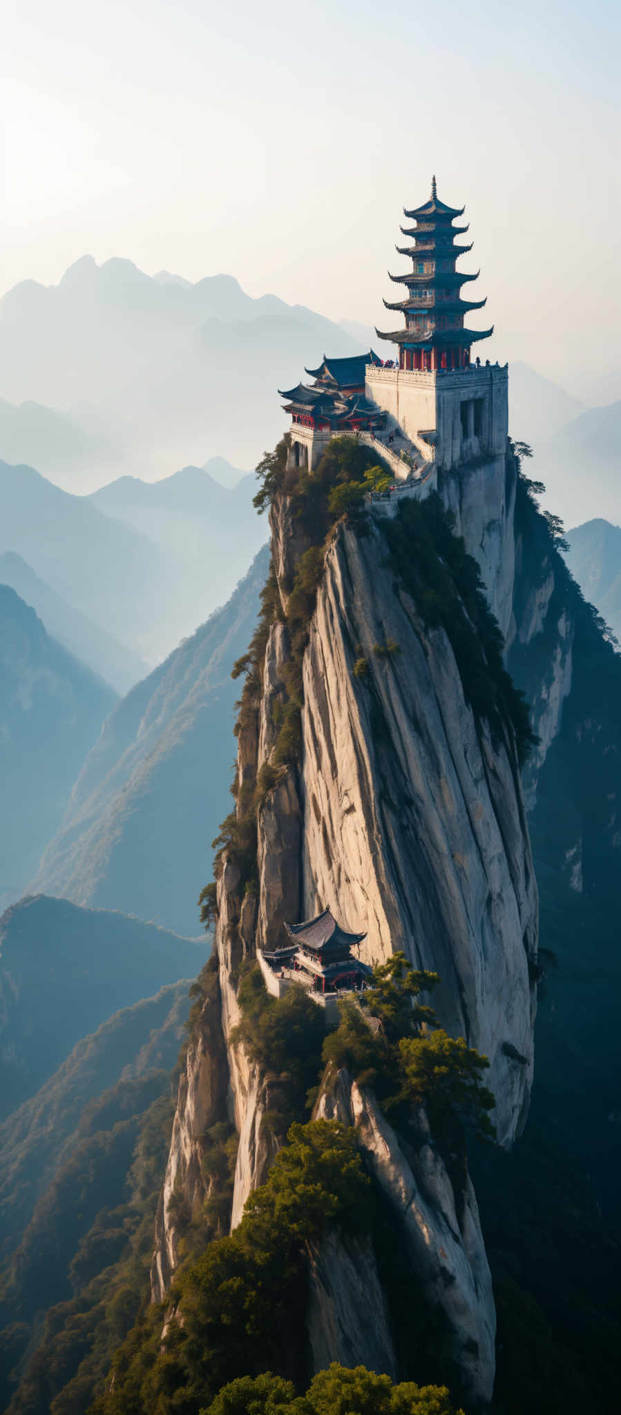 A serene mountainous landscape with a traditional Chinese pagoda perched on a cliff. The pagoda painted in a striking red with a contrasting white roof is surrounded by lush greenery. It is situated on the right side of the cliff which is adorned with a variety of trees and shrubs. The cliff itself is a towering structure with the pagoda appearing small in comparison. The backdrop of the scene is a breathtaking view of mountains and valleys adding to the overall tranquility of the setting. The image captures the essence of traditional Chinese architecture harmoniously blending with the natural environment.