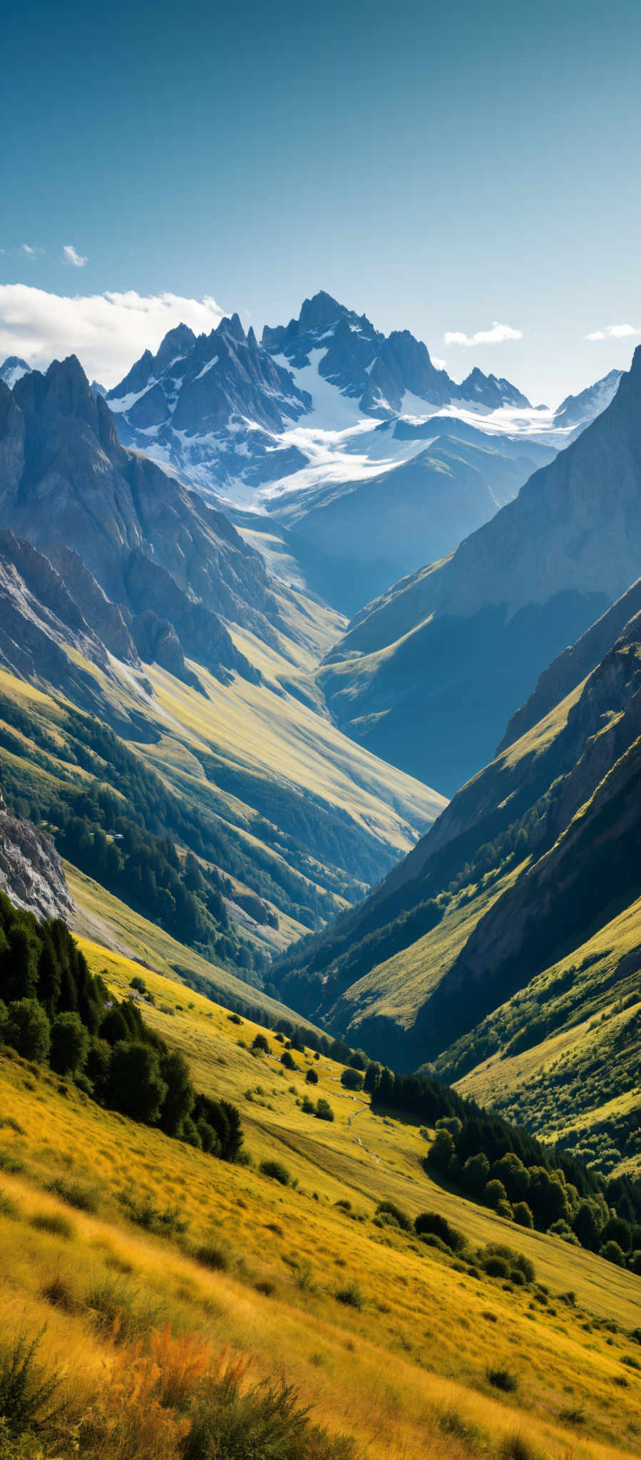 A breathtaking view of a mountain range with a valley in the middle. The mountains are covered in snow and the valley is lush with greenery. The sky is a clear blue and the sun is shining brightly. The image captures the beauty and majesty of nature.