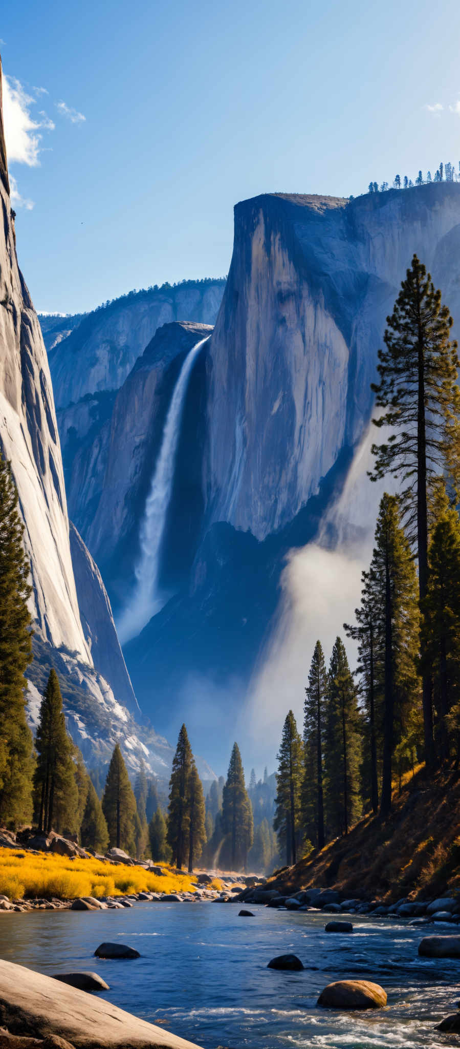 A waterfall cascades down a mountain surrounded by trees.