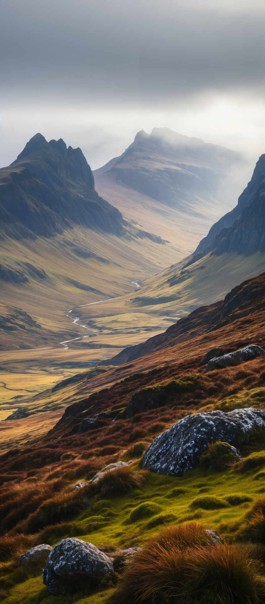 A beautiful mountain landscape with a winding river through it. The mountains are covered in green grass and rocks. The river is surrounded by a lush green valley. The sky is clear and blue. The image is taken from a high vantage point giving a panoramic view of the landscape. The colors in the image are vibrant and the lighting is natural. The scene is peaceful and serene. The landscape is untouched and pristine. The photo captures the beauty of nature in its raw form. The mountain range is majestic and the river flows smoothly through the valley. This image is a perfect representation of a tranquil and picturesque landscape.