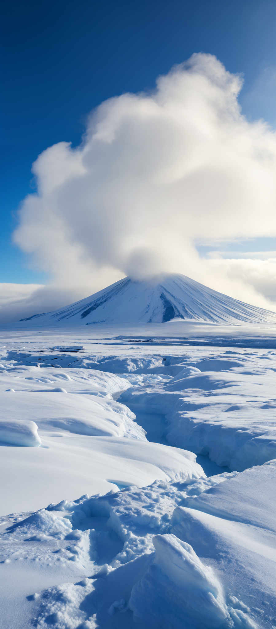 A snow covered mountain with a large cloud on top.