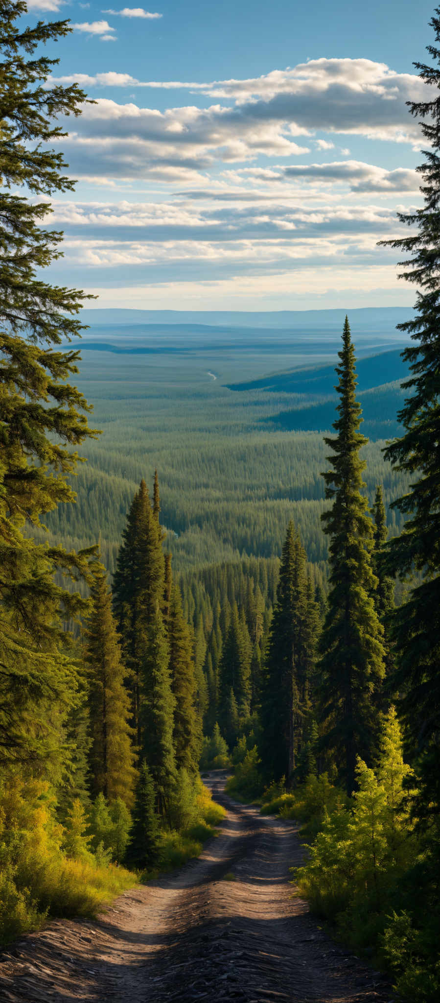 A forest with tall green trees and a river flowing through it.