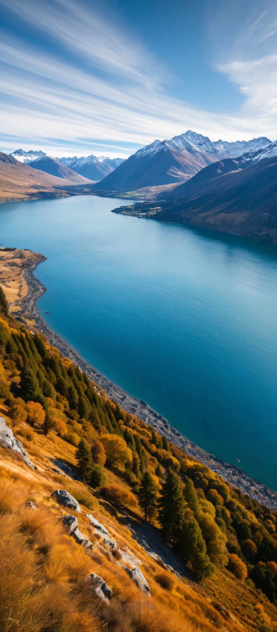 A serene lake surrounded by mountains and trees. The lake is a beautiful shade of blue and the mountains are a mix of green and brown. The trees are a vibrant yellow indicating that the season is autumn. The image is taken from a high vantage point providing a panoramic view of the landscape. The mountains are in the background the lake is in the middle and a rocky shore is in front. The sky is clear and blue adding to the tranquility of the scene. The colors in the image are vivid and the lighting is bright making the scene appear even more picturesque. The overall mood of the photo is peaceful and serene inviting the viewer to take a moment to appreciate the beauty of nature.