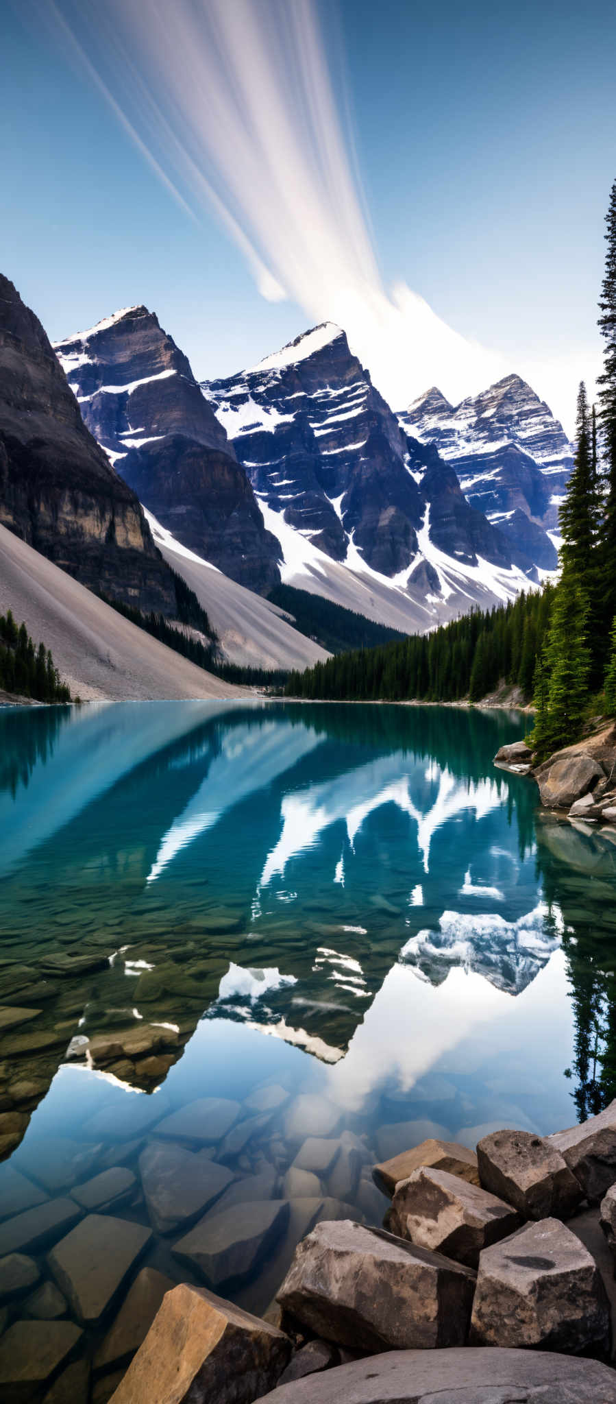 A serene mountain lake with snow covered peaks in the background.