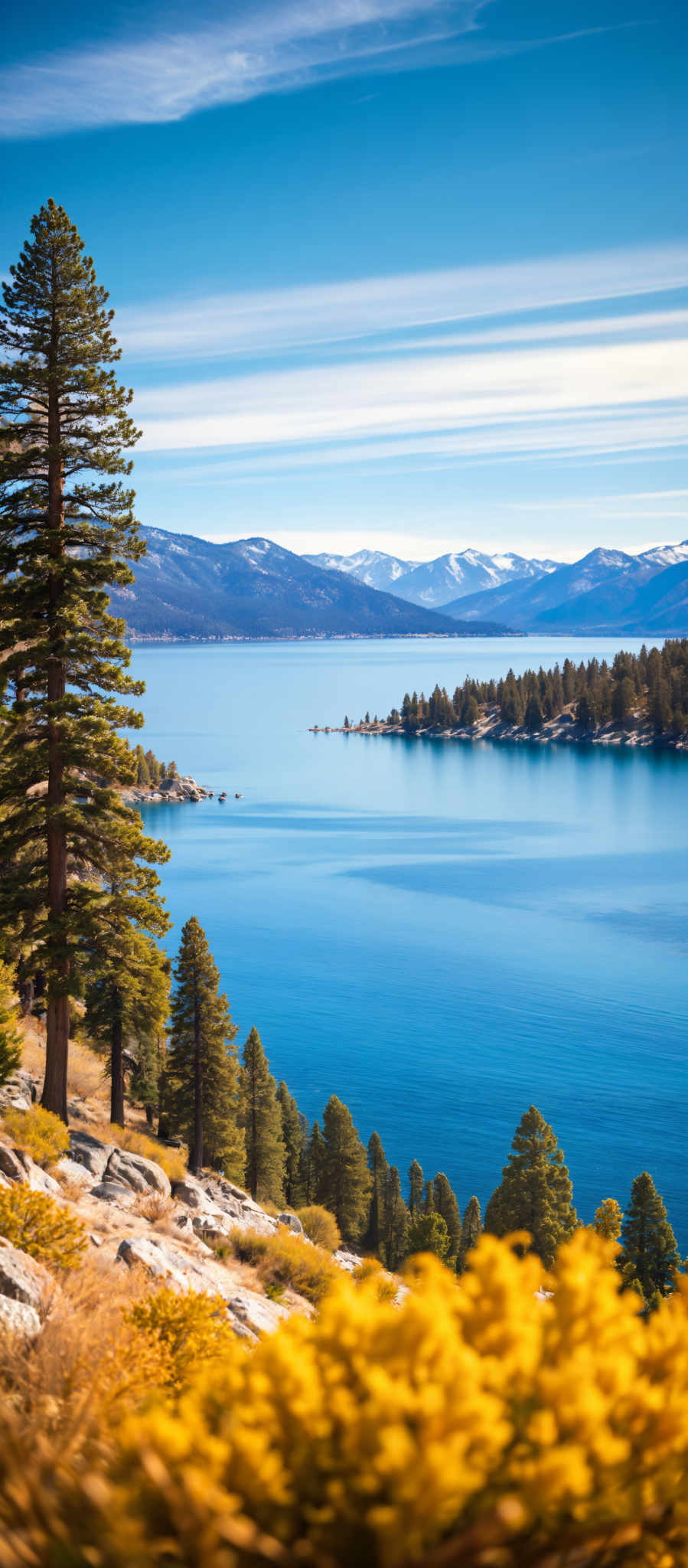 A serene lake surrounded by mountains and trees.