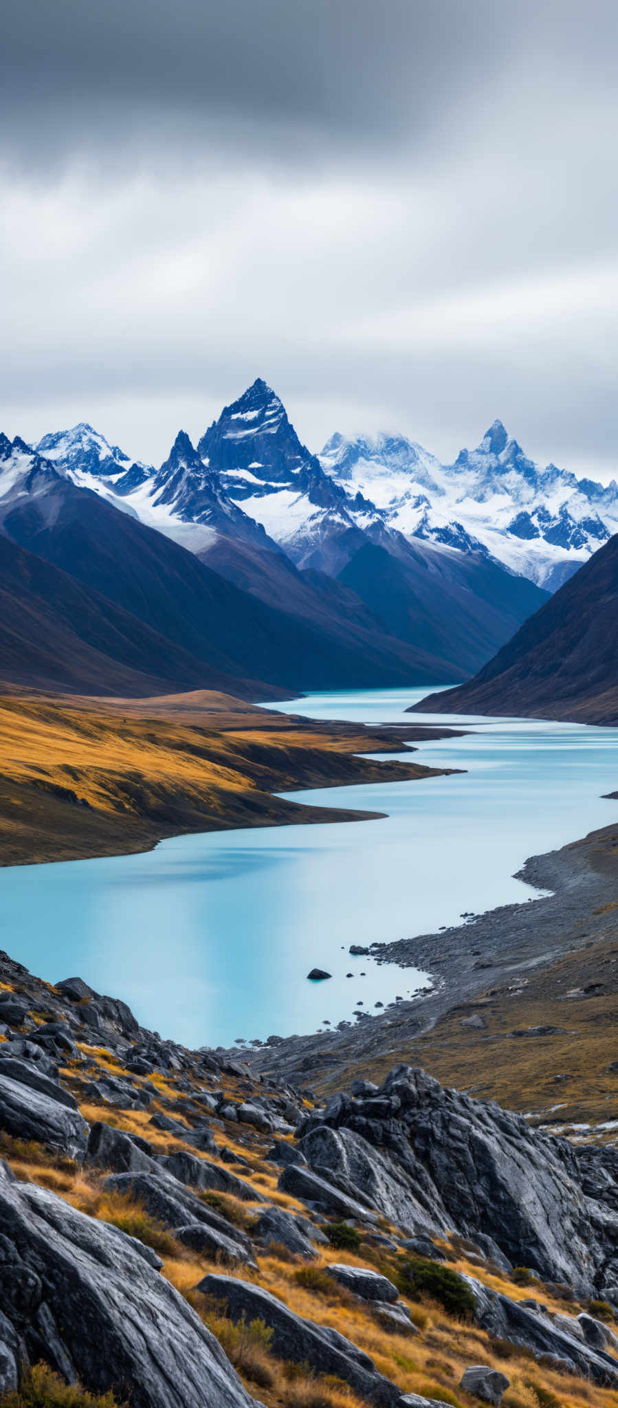 A serene mountainous landscape with a deep blue lake in the foreground. The mountains are covered in snow and the sky is overcast. The lake is surrounded by a rocky shore.