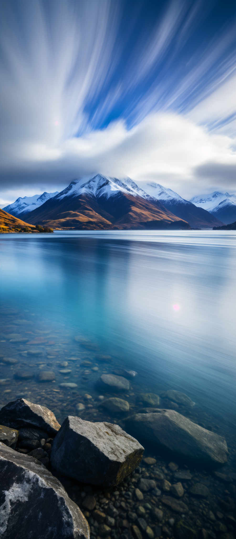 A serene mountain landscape with a lake in the foreground. The mountains are covered in snow and the lake is a deep blue. The sky is cloudy and the sun is shining through the clouds. The image is taken from a low angle looking up at the mountains.