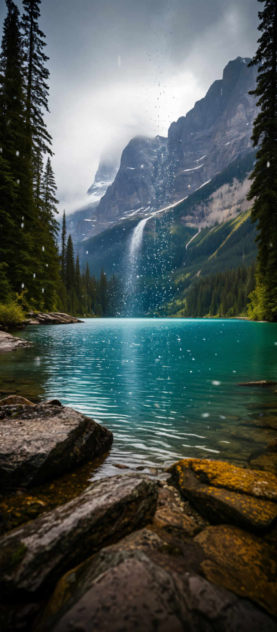 A serene mountain lake with a waterfall cascading down the mountain. The lake is surrounded by lush green trees and rocks. The water is a beautiful shade of blue-green. The waterfall is located in the center of the lake creating a stunning focal point. The surrounding trees and mountains add to the natural beauty of the scene. This image captures the tranquility and majesty of nature.