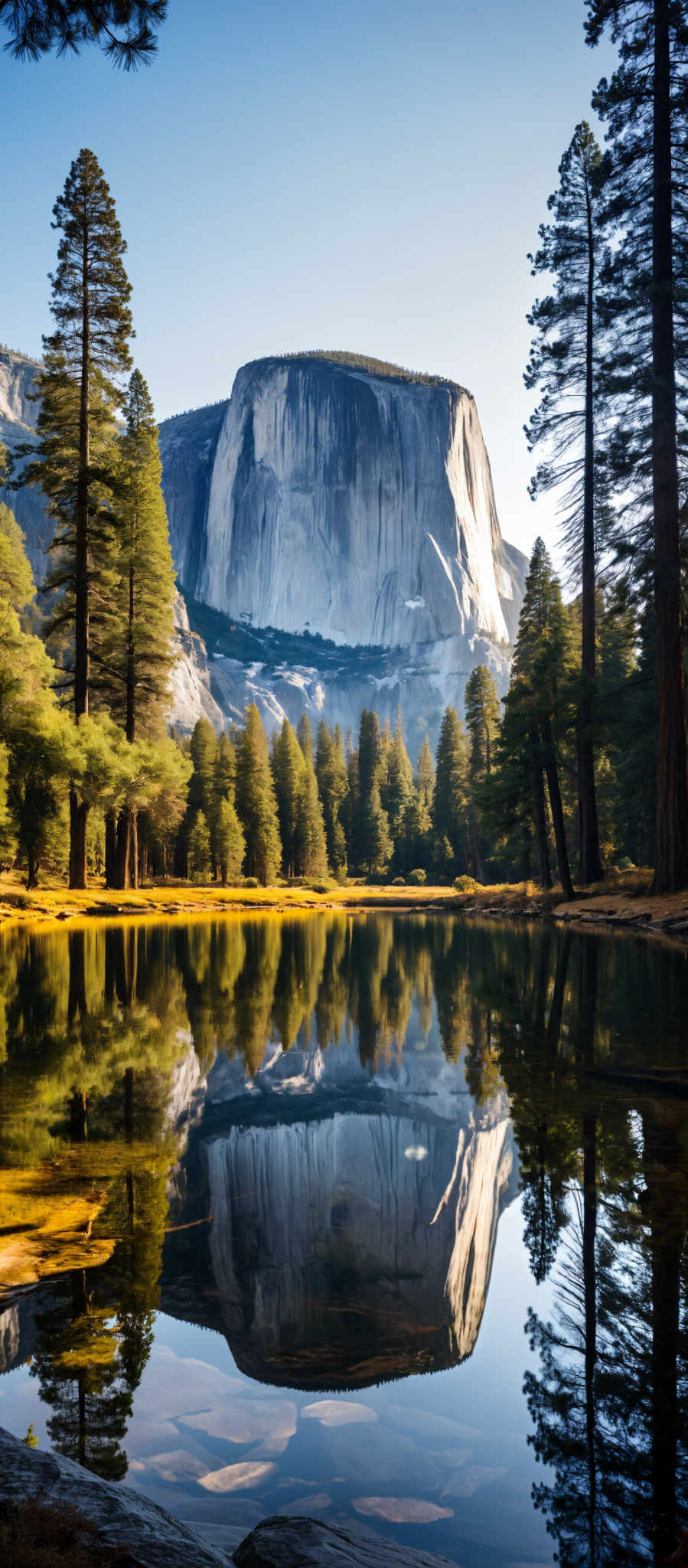 A serene scene of a mountainous landscape with a lake in the foreground. The lake is surrounded by trees and a mountain with a large cliff on the right side. The mountain is covered in snow and has a large rock formation on the left side. There are no people or animals in the image and no text is visible. The colors in the photo are predominantly green blue and white. The image does not contain any man-made objects. The relative positions of the objects are such that the lake is in the center with the trees surrounding it and the mountain is in close proximity to the lake. The cliff on one side of the mountain and the rock formation are on the other side.