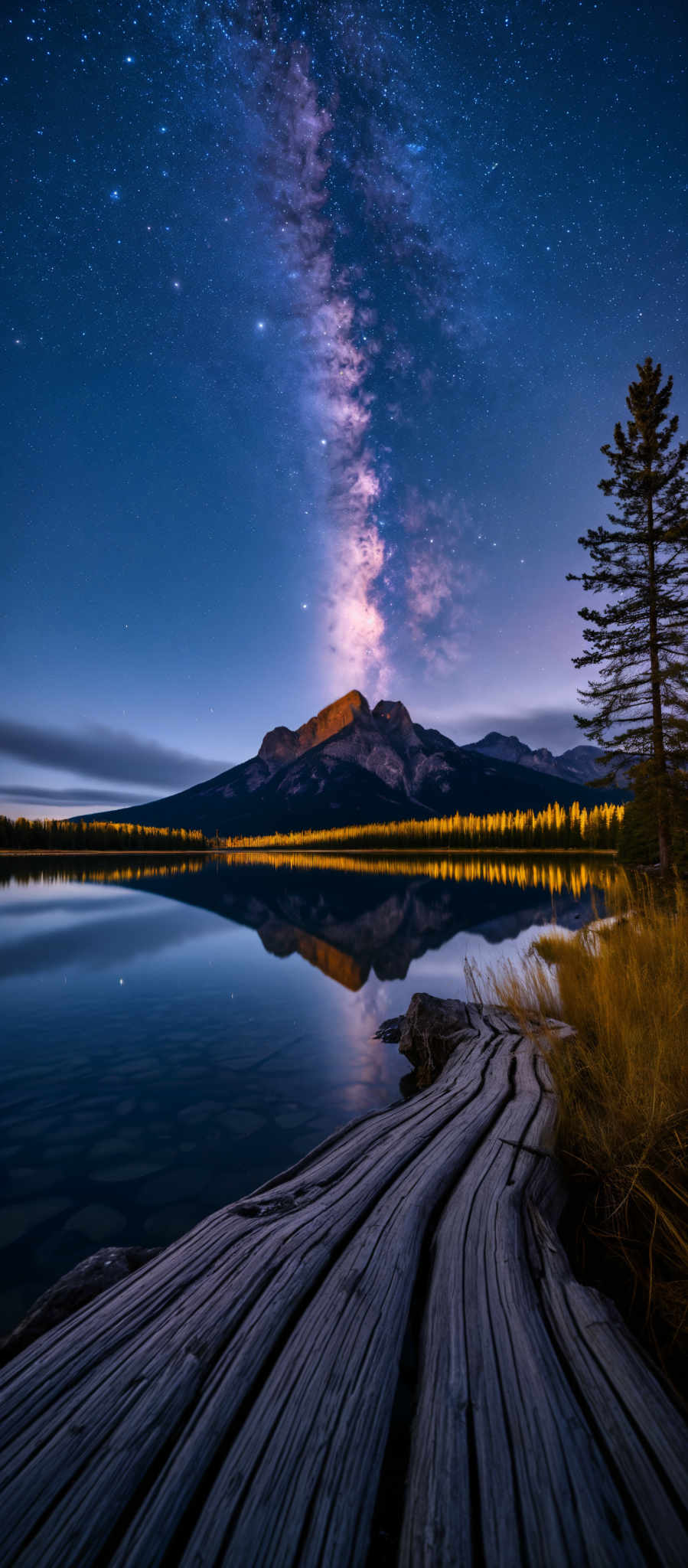 A serene mountain landscape with a lake in the foreground. The mountain is illuminated by a bright light creating a beautiful reflection in the water. The sky is dark with stars scattered across it. The scene is peaceful and tranquil with a wooden bench in the bottom right corner. The colors are predominantly blue green and orange.