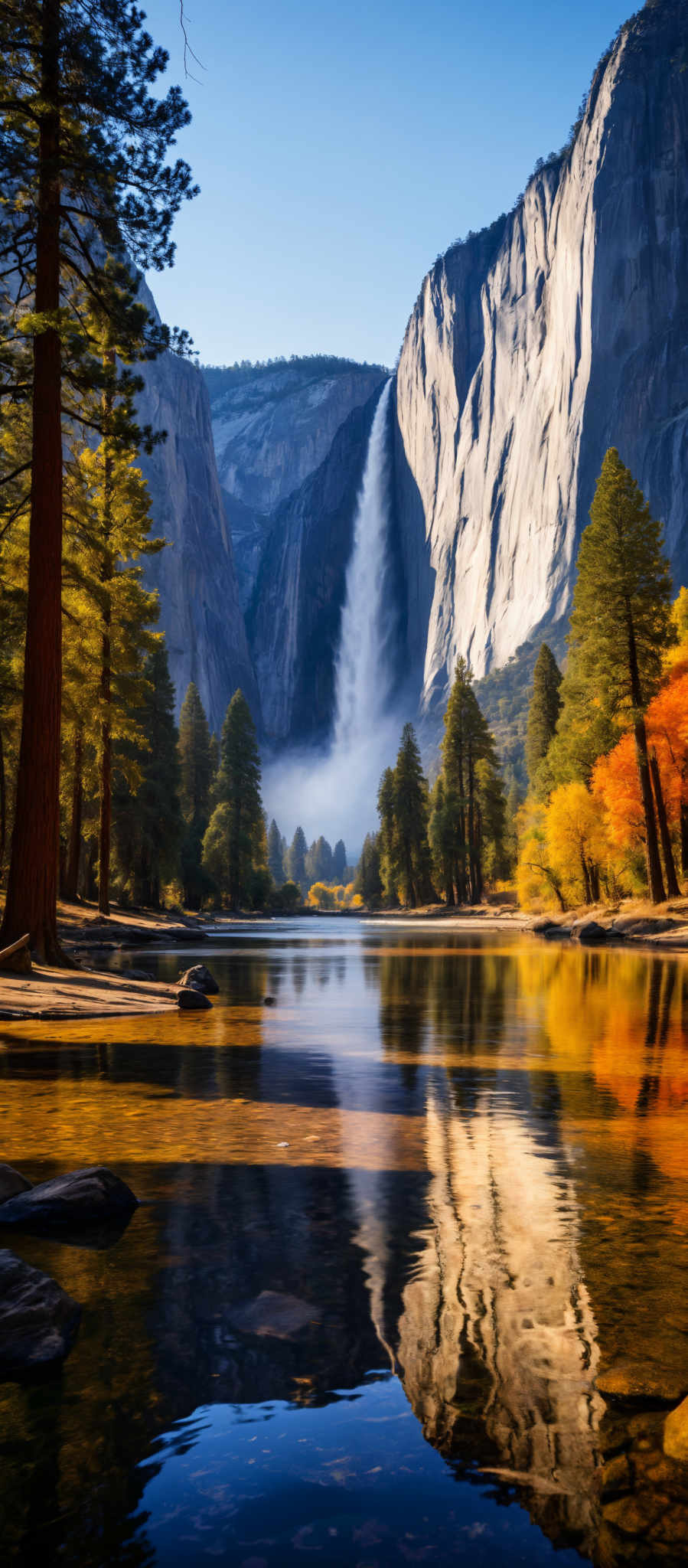 A serene scene of a waterfall cascading down a cliff into a lake. The waterfall is surrounded by tall trees with green and orange leaves creating a beautiful contrast. The lake reflecting the waterfall and the trees is surrounded on the shore by rocks. The sky above is clear and blue adding to the tranquility of the scene. The image captures the beauty of nature in its purest form.