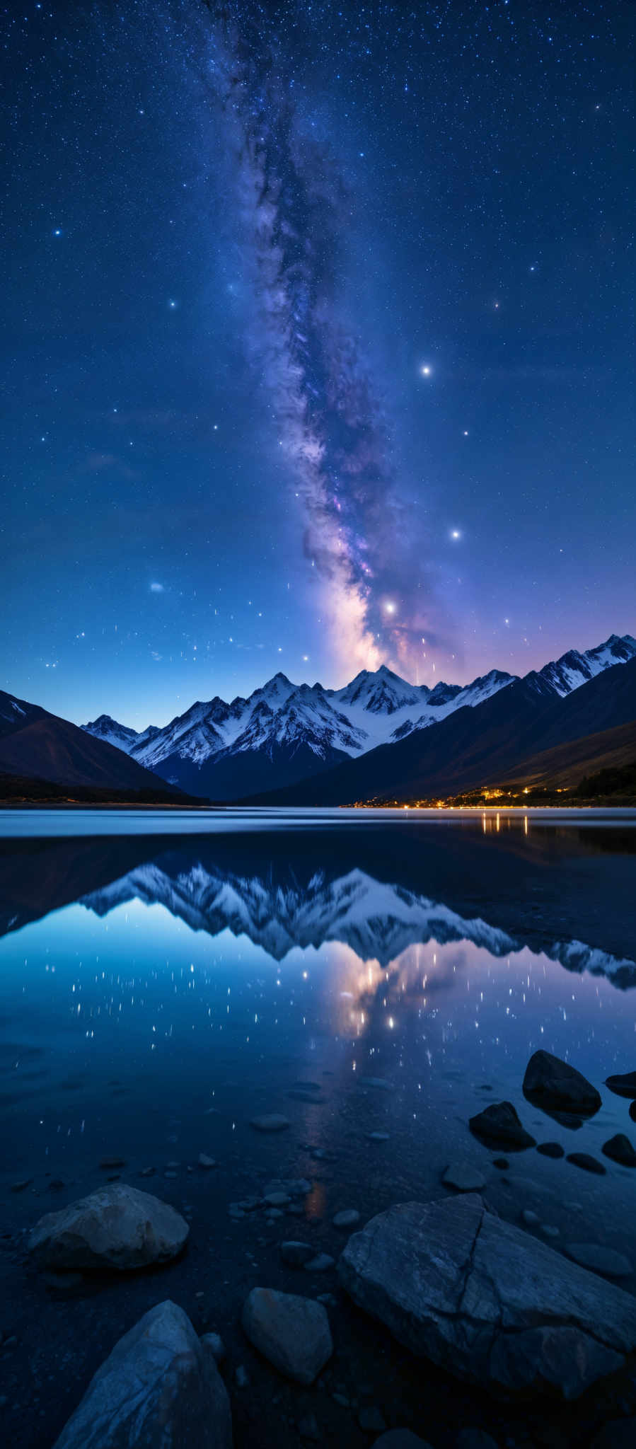 A breathtaking view of a mountain range at night. The mountains are covered in snow and are illuminated by the light of the stars. The sky is a deep blue and is filled with stars. In the foreground there is a body of water that is reflecting the stars and the mountains. The image is taken from a low angle looking up at the mountains giving a sense of their grandeur and majesty. The colors in the image are predominantly blue white and black creating a serene and tranquil atmosphere. The stars in the sky add a touch of magic to the scene. The reflection of the mountains and stars in water adds depth to the image making it even more captivating. The overall composition of the photo is balanced and harmonious with each element complementing the others. The photo captures the beauty and wonder of nature in a stunning way.