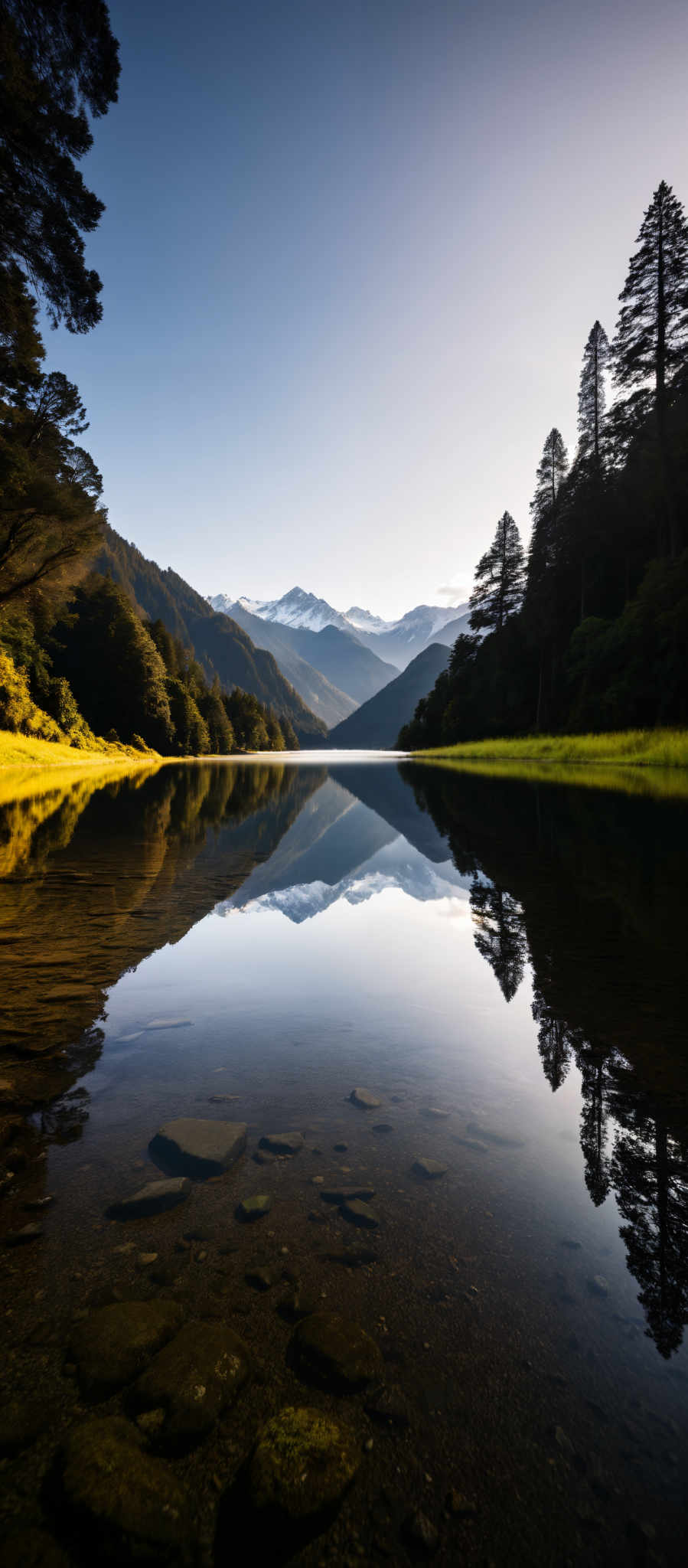 A serene mountain landscape with a lake in the center. The mountains are covered in green trees and snow. The sky is clear and blue. The lake is calm and still reflecting the surrounding mountains and trees. The image is taken from a low angle giving a sense of scale and grandeur to the scene. The colors are vibrant with the green of the trees contrasting against the blue of the sky and lake. The snow on the mountains adds a touch of white to the otherwise green and blue landscape. The stillness of the lake suggests a peaceful quiet day. The low angle of the shot gives a sense that the viewer is standing at the bottom of the mountains looking up at the towering peaks. The clear sky suggests good weather perfect for a day out in nature. The green trees on the mountain slopes suggest that it is likely spring or summer. The calm lake in front of the mountain range suggests that the area is likely a popular spot for hiking and nature photography. The overall scene is a beautiful representation of nature's tranquility and grandiosity.