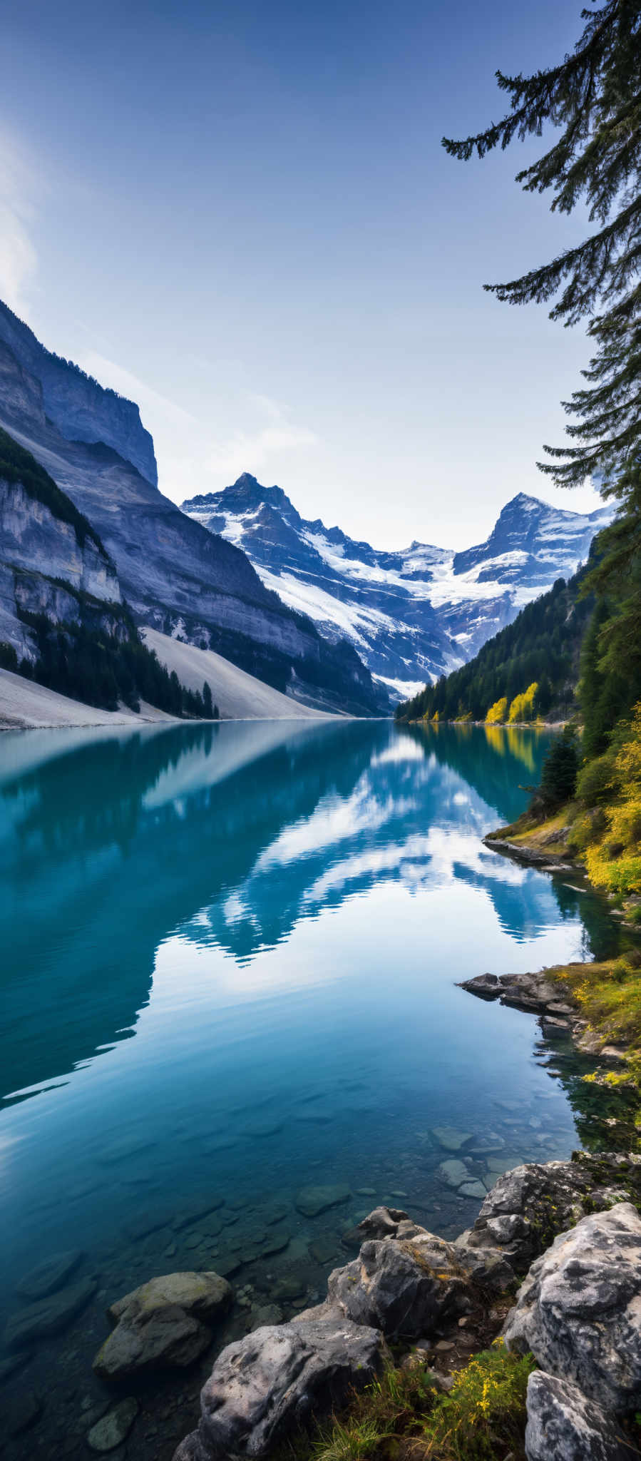 A serene mountainous landscape with a deep blue lake in the foreground. The mountains are covered in snow and the sky is clear. The lake is surrounded by trees and there is a rocky shore on the right side. The image is taken from a high vantage point providing a panoramic view of the scene. The colors in the image are vibrant with the blue of the lake contrasting with the green of the trees and the white of the snow. The rocky shore adds a touch of ruggedness to the otherwise tranquil scene.