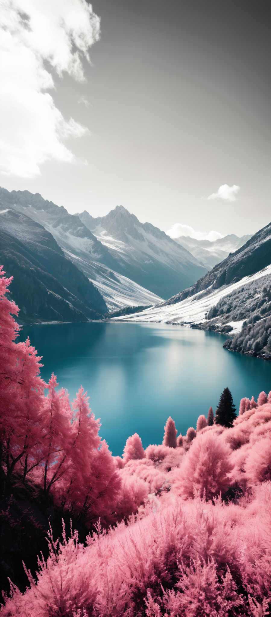 A serene mountain landscape with a deep blue lake in the center. The mountains are covered in snow and the sky is cloudy. The lake is surrounded by trees with pink leaves. The image is taken from a high vantage point providing a panoramic view of the scene. The colors in the image are vibrant with the pink leaves of the trees contrasting beautifully with the blue of the lake and the white of the snow-covered mountains. The cloudy sky adds a dramatic touch to the scene enhancing the overall beauty of the landscape. The high vocation point from which the photo is taken allows for a comprehensive view of this stunning natural scene.