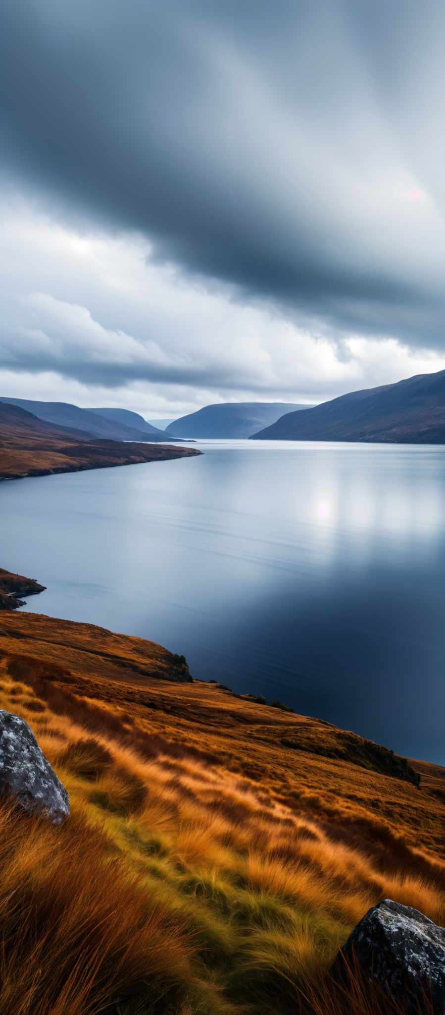 A serene landscape of a lake surrounded by mountains. The lake is a deep blue color reflecting the sky above. The mountains are covered in a lush green vegetation providing a stark contrast to the blue of the lake. The sky is a light blue color with a few clouds scattered across it. The photo is taken from a high vantage point giving a panoramic view of the landscape. The image is captured during the day with the sun casting its warm glow on the mountains.