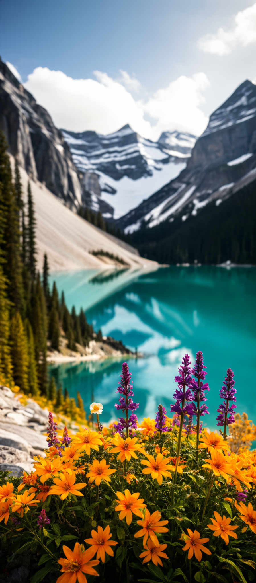 A serene mountain lake with a rocky shore and a mountain in the background. The lake is surrounded by trees and flowers including purple and yellow ones. The mountain is covered in snow.