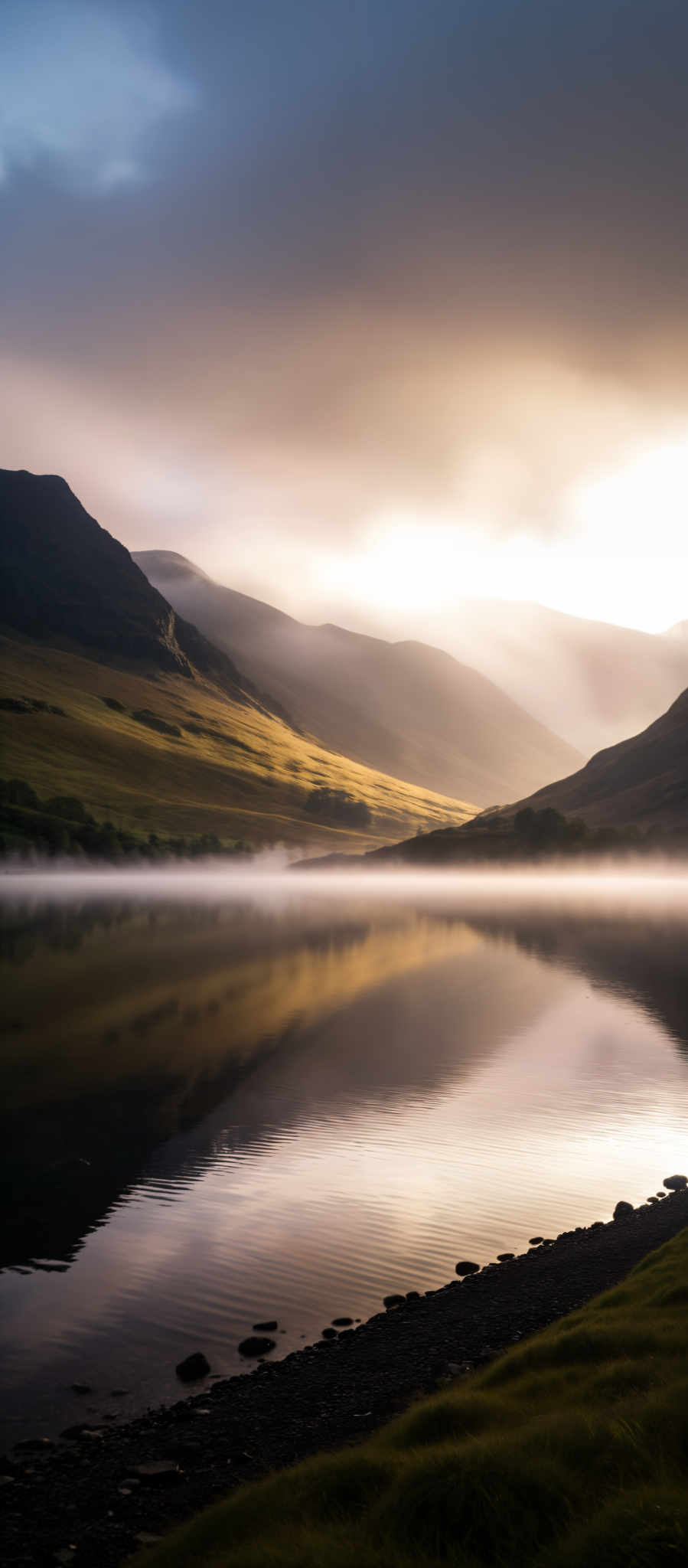 A serene mountain landscape with a foggy lake in the foreground. The mountains are covered in lush green vegetation and the sky is a hazy blue. The sun is shining brightly casting a warm glow on the scene. The lake is calm and still reflecting the surrounding mountains and the clear sky. The image captures the beauty of nature in its purest form.