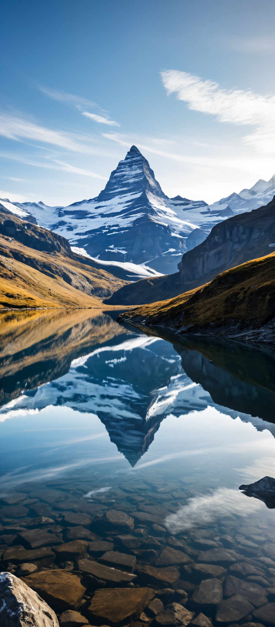 A serene mountain landscape with a clear blue sky. The mountains are covered in snow and the sky is clear and blue. The image is taken from a low angle giving a sense of scale and grandeur to the mountains. The foreground features a body of water which is calm and mirrors the surrounding landscape. The water is surrounded by greenery adding a touch of color to the scene. The overall mood of the photo is peaceful and tranquil.