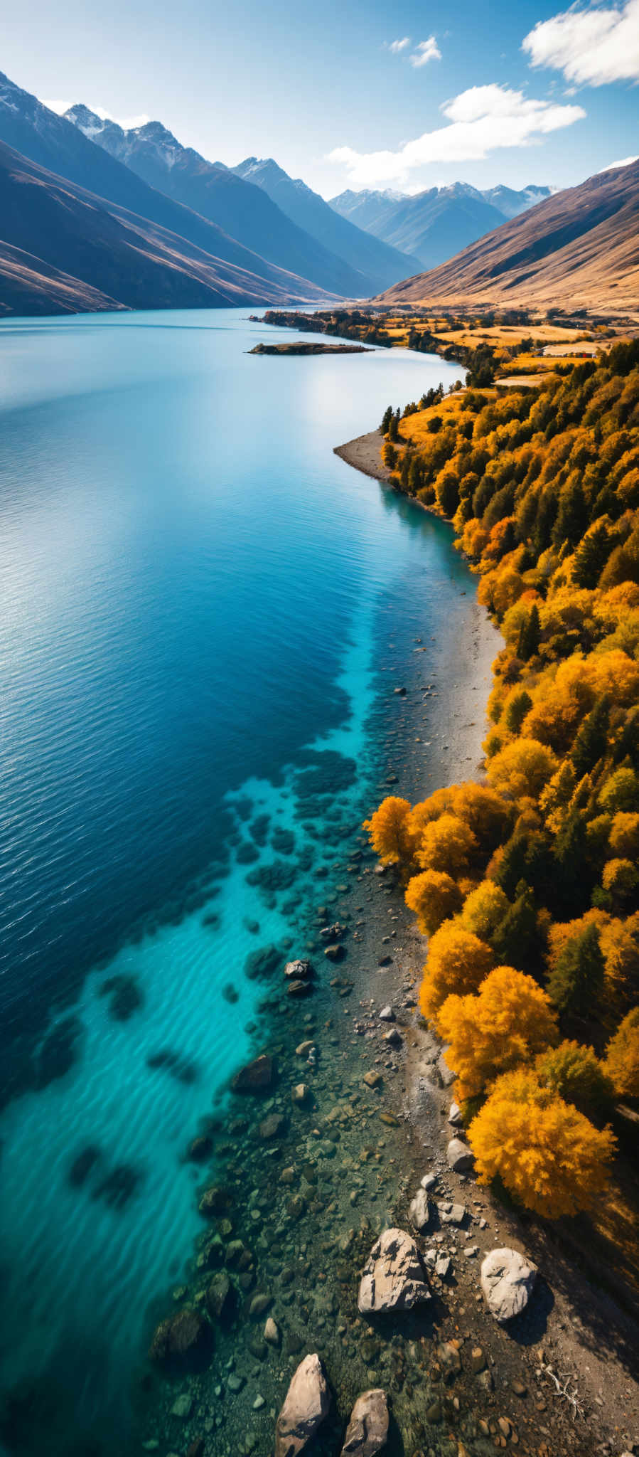 A serene scene of a lake surrounded by trees. The lake is a beautiful shade of blue with a rocky shore on the right side. The trees a mix of green and yellow are scattered around the lake adding a touch of autumn to the scene. The perspective is from above providing a bird's eye view of the lake and its surroundings. The image captures the tranquility and beauty of nature in its purest form.