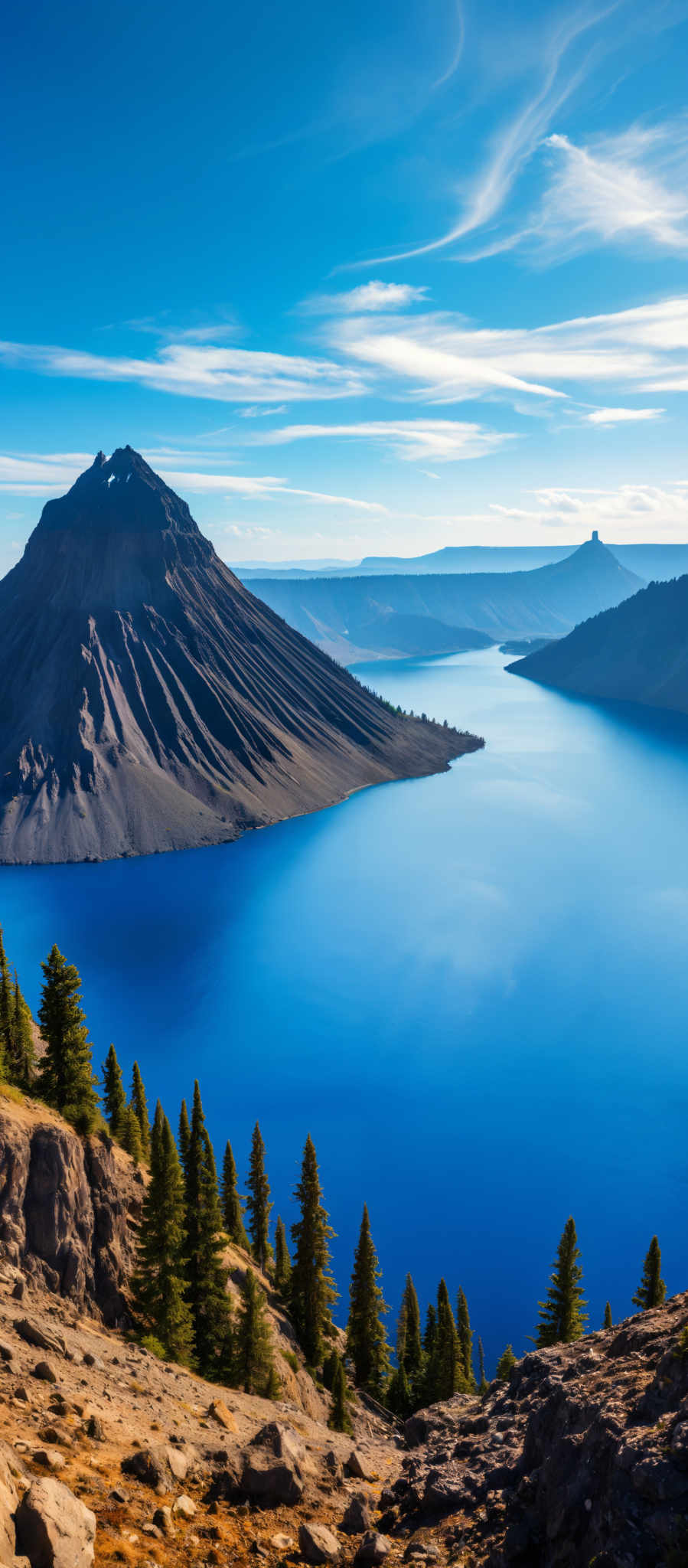 A serene landscape of a mountainous area with a deep blue lake in the center. The mountains are covered in dark green vegetation and the lake is surrounded by a lighter green shoreline. The sky above is a light blue with a few clouds scattered across it. The image is taken from a high vantage point providing a panoramic view of the landscape. The colors in the image are vibrant and the lighting is natural suggesting it was taken during the day. The overall scene is peaceful and inviting with the blue of the lake and the sky contrasting beautifully with the green of the mountains and vegetation.