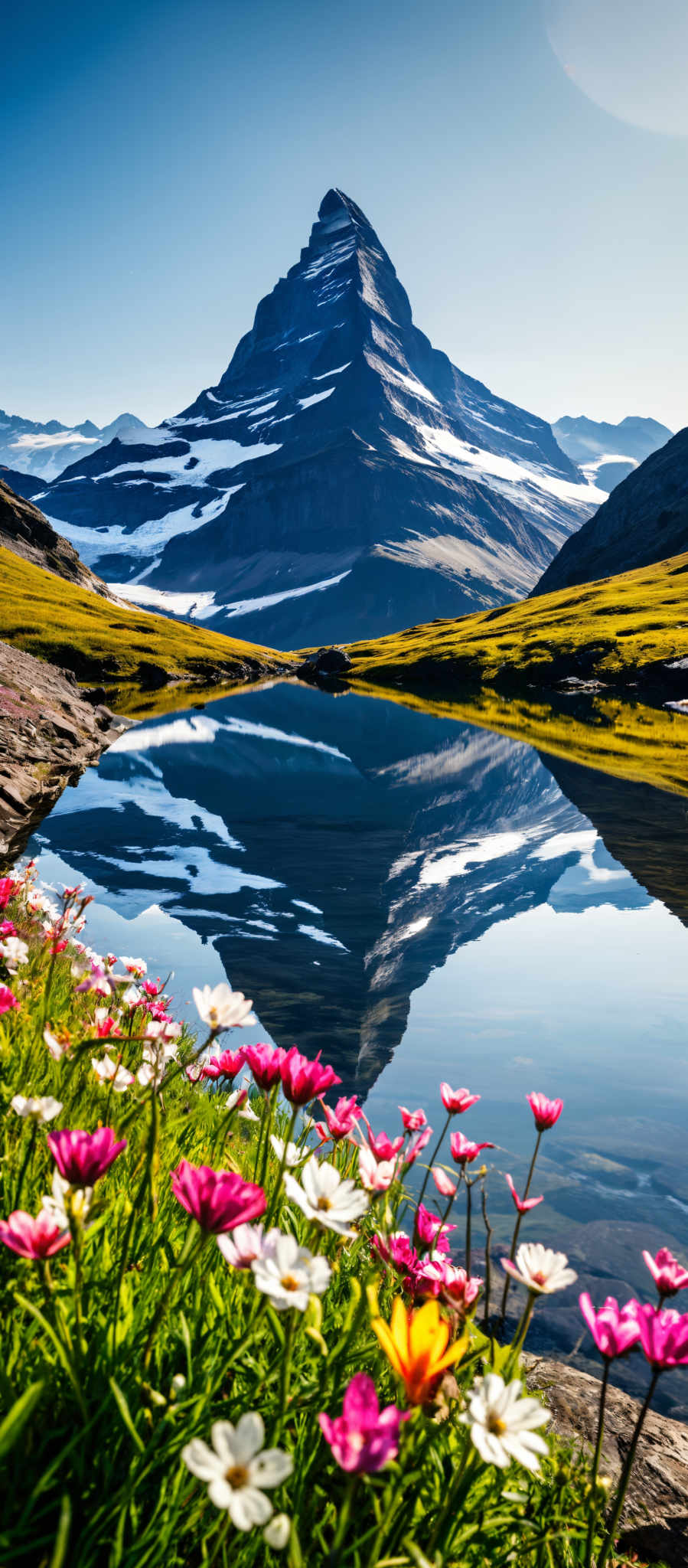 A serene mountain landscape with a lake in the foreground. The lake is surrounded by a field of wildflowers adding a splash of color to the scene. The mountains in the background are covered in snow creating a beautiful contrast with the clear blue sky above. The image captures the tranquility and beauty of nature in its purest form.