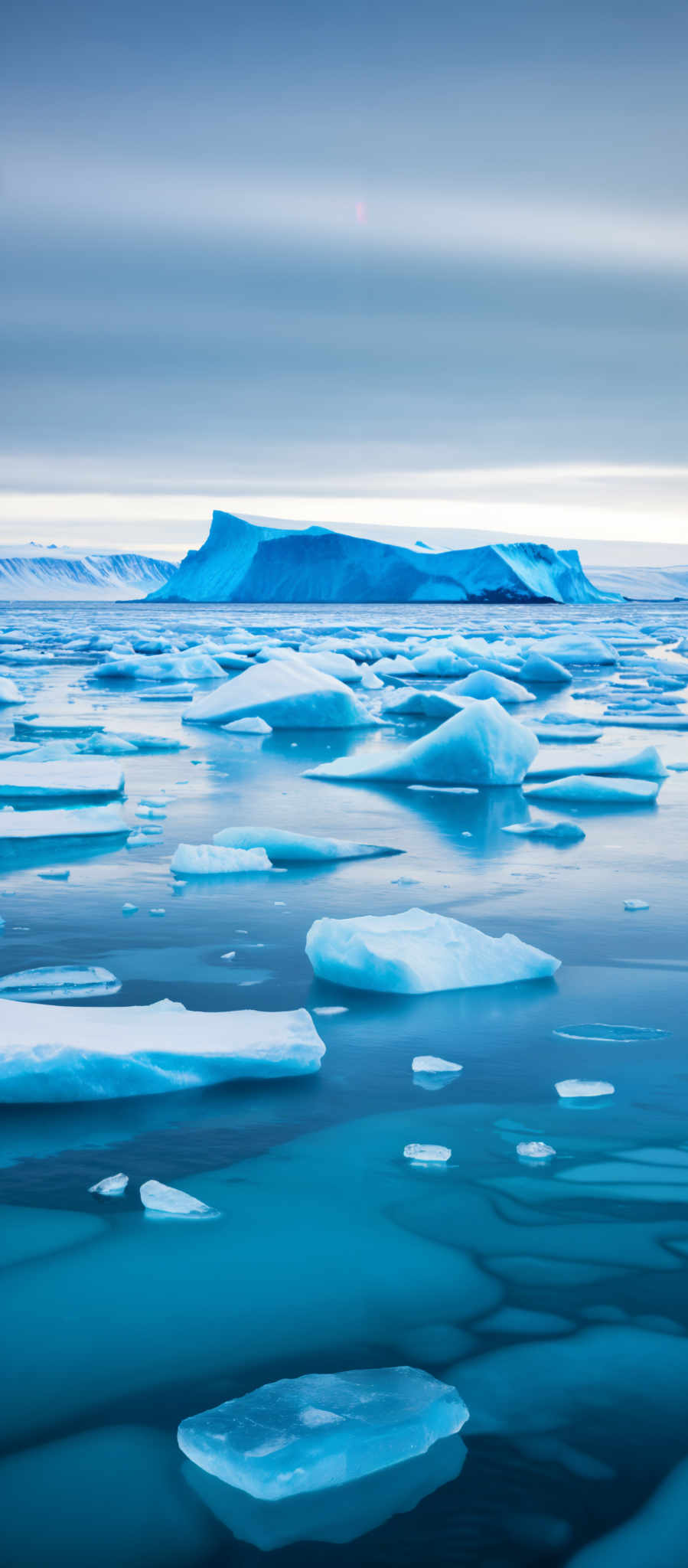 A large ice formation in the ocean with chunks of ice floating in the water.