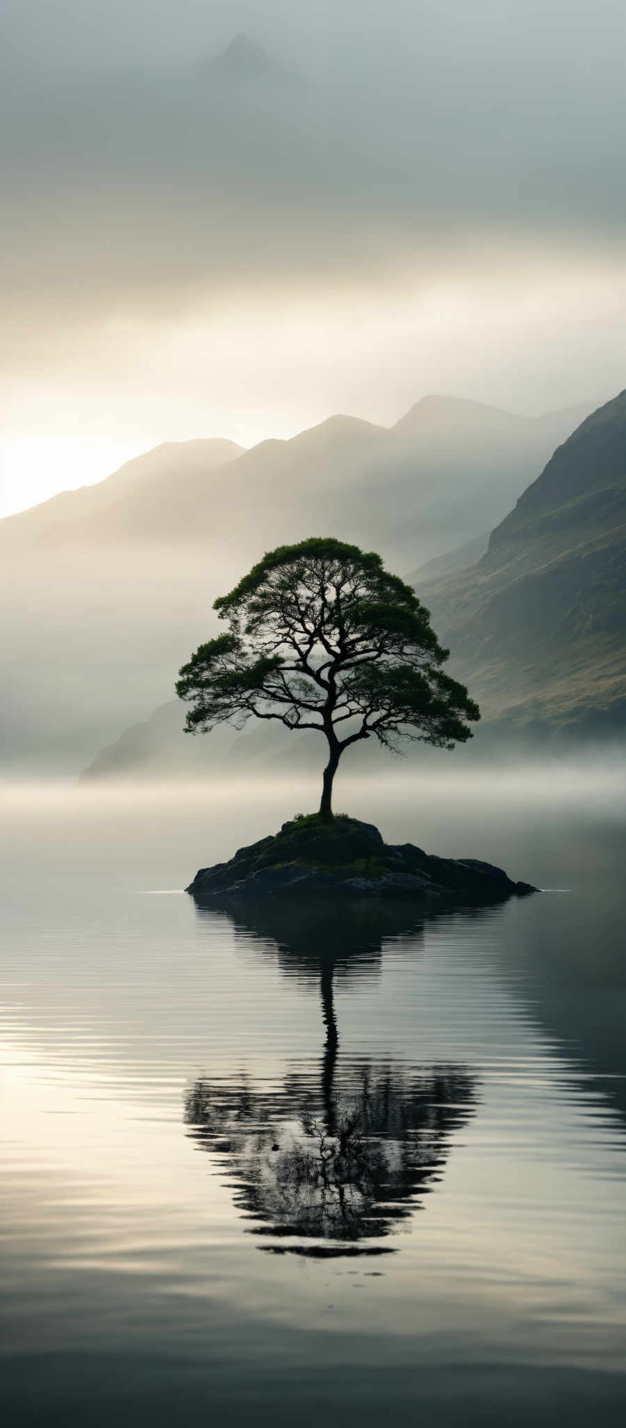 A tree stands on a rock in the middle of a body of water.